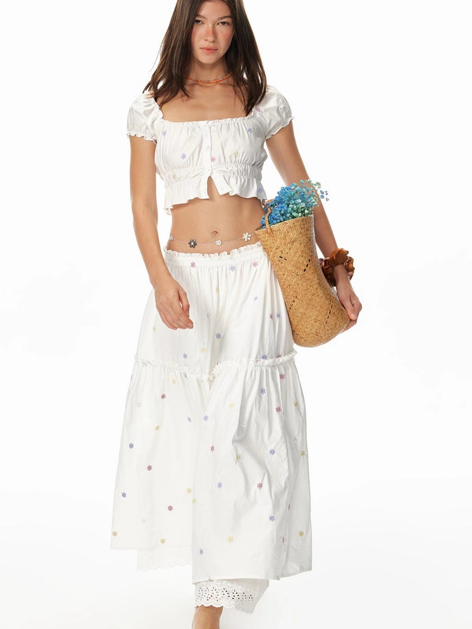 French Sexy Ruffled Crop Top Lace Skirt Set Island Vacation Outfits