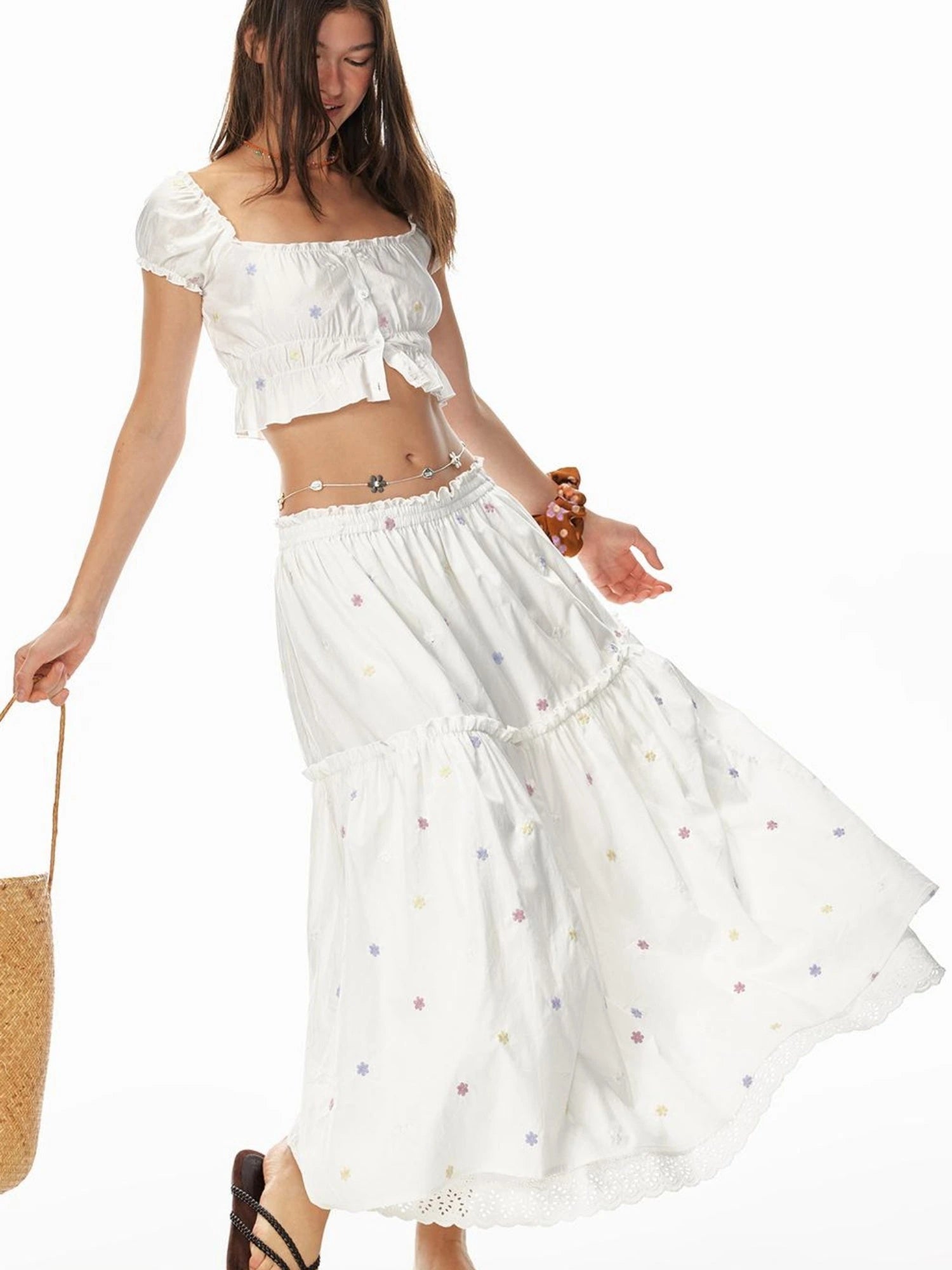 French Sexy Ruffled Crop Top Lace Skirt Set Island Vacation Outfits