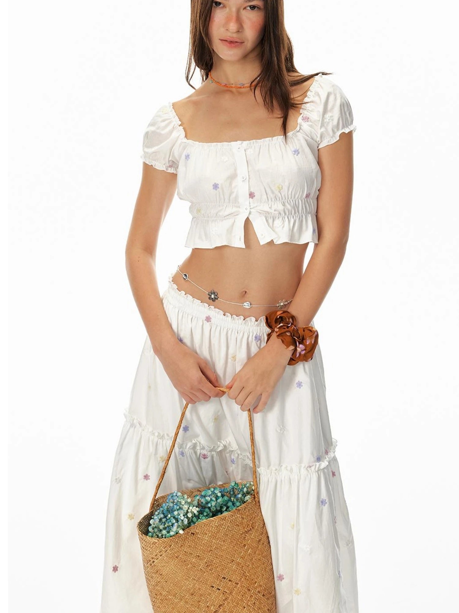French Sexy Ruffled Crop Top Lace Skirt Set Island Vacation Outfits