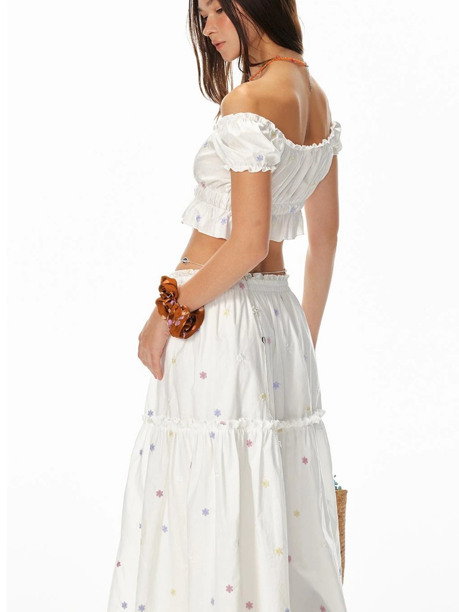 French Sexy Ruffled Crop Top Lace Skirt Set Island Vacation Outfits