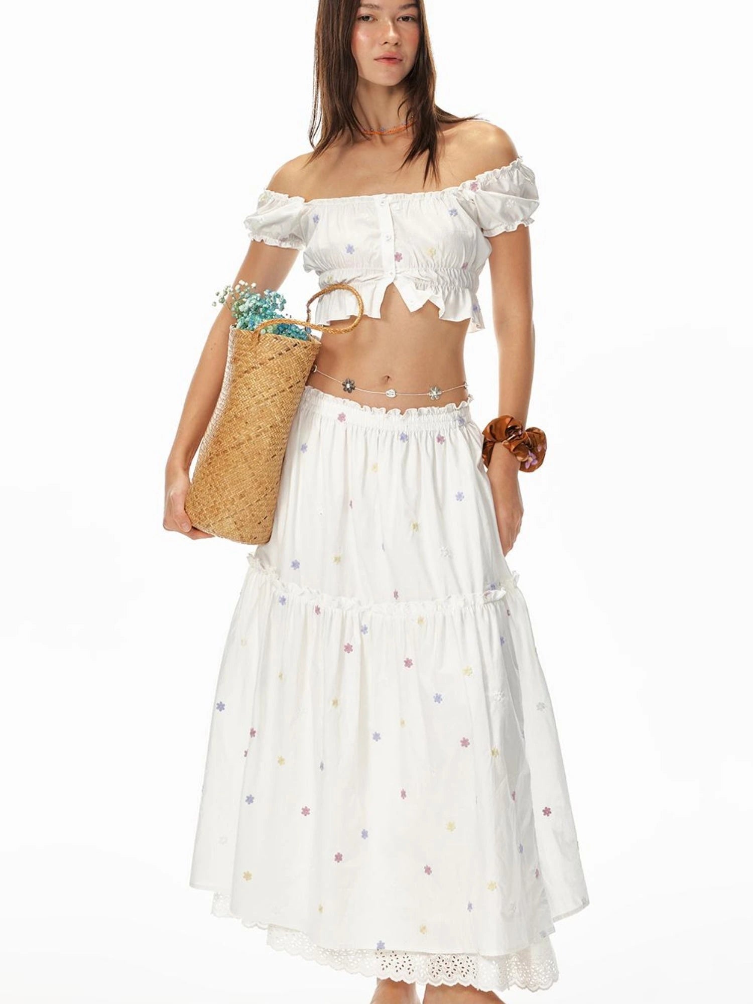 French Sexy Ruffled Crop Top Lace Skirt Set Island Vacation Outfits
