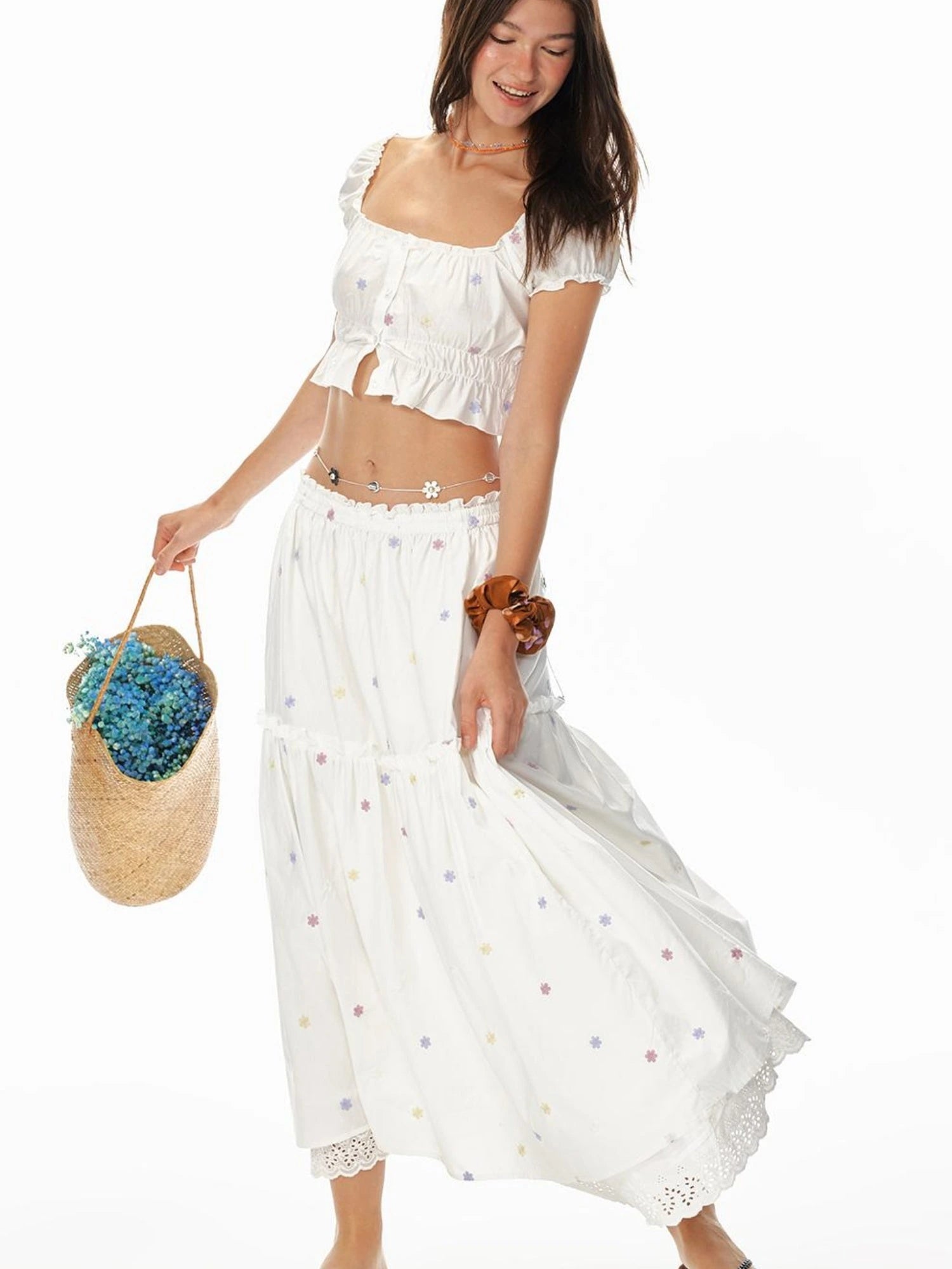 French Sexy Ruffled Crop Top Lace Skirt Set Island Vacation Outfits