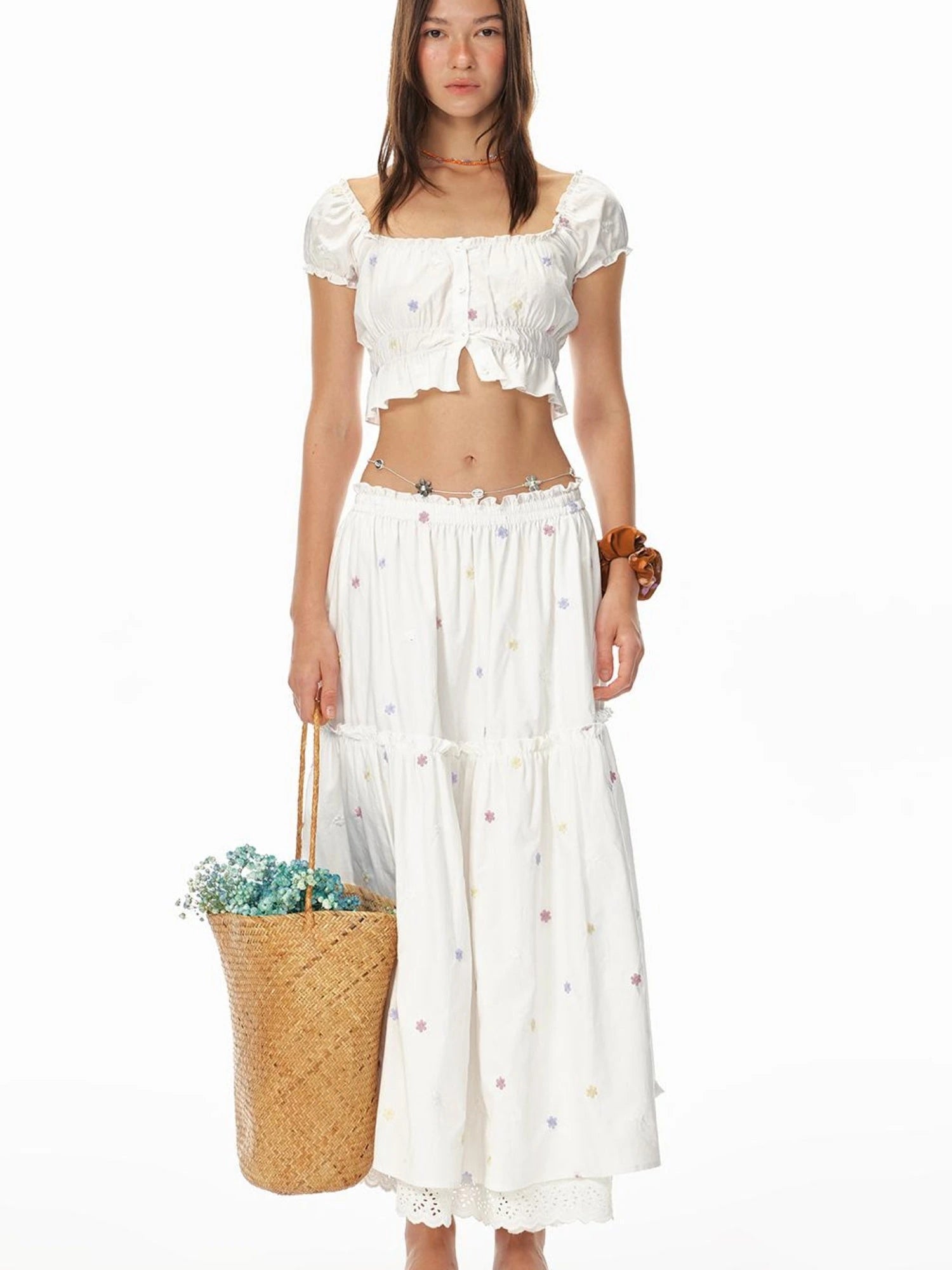 French Sexy Ruffled Crop Top Lace Skirt Set Island Vacation Outfits