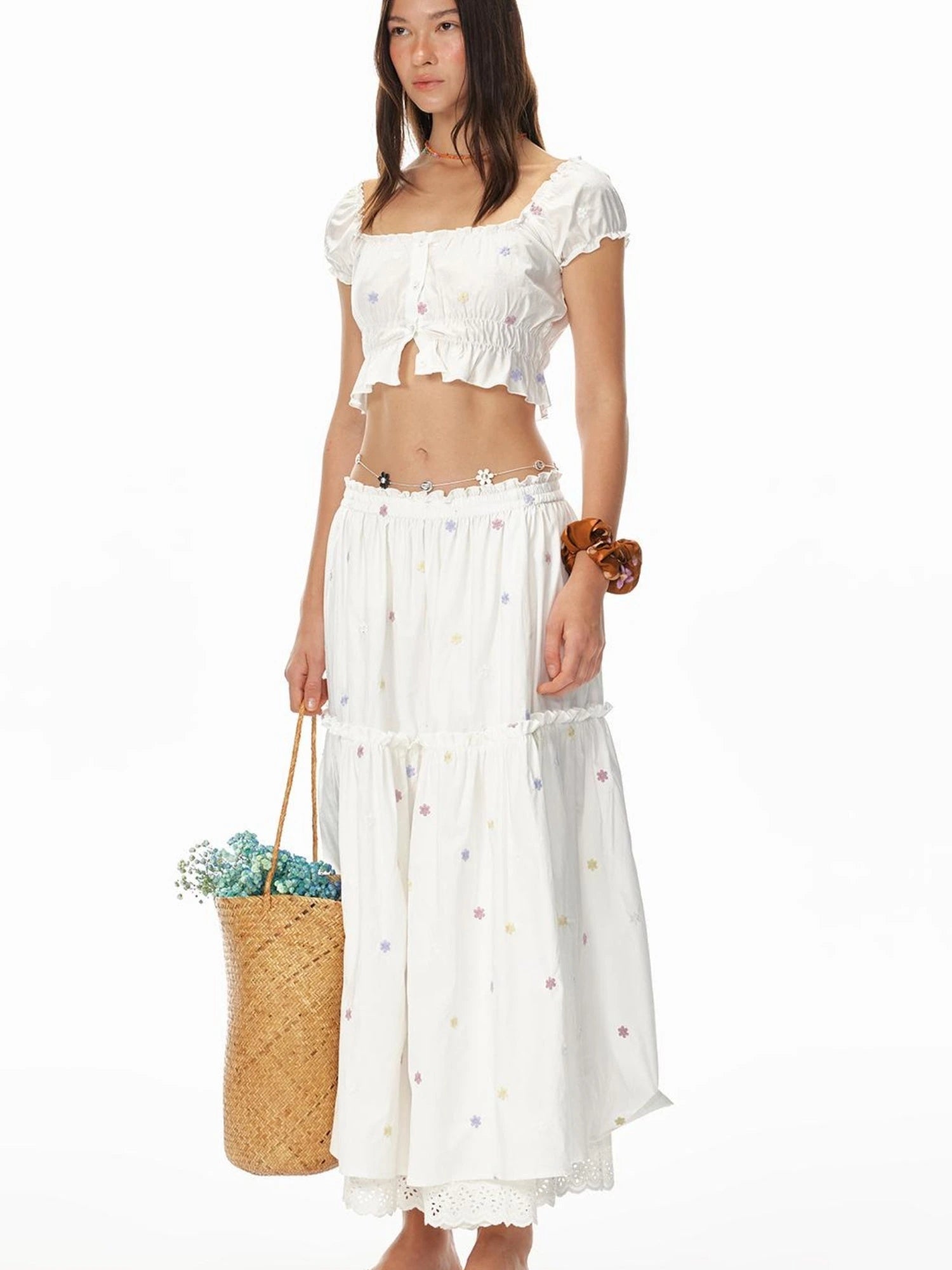 French Sexy Ruffled Crop Top Lace Skirt Set Island Vacation Outfits