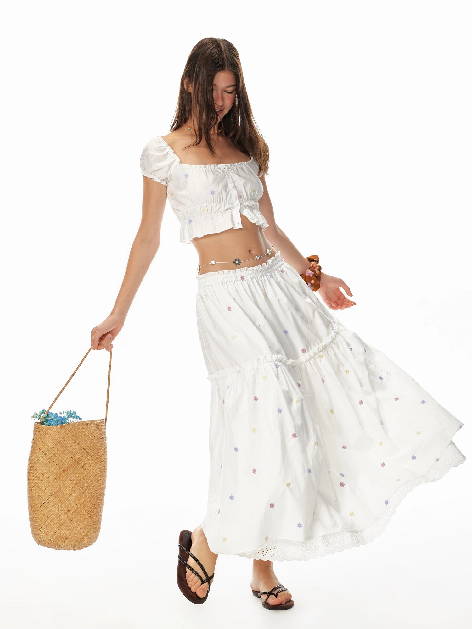 French Sexy Ruffled Crop Top Lace Skirt Set Island Vacation Outfits