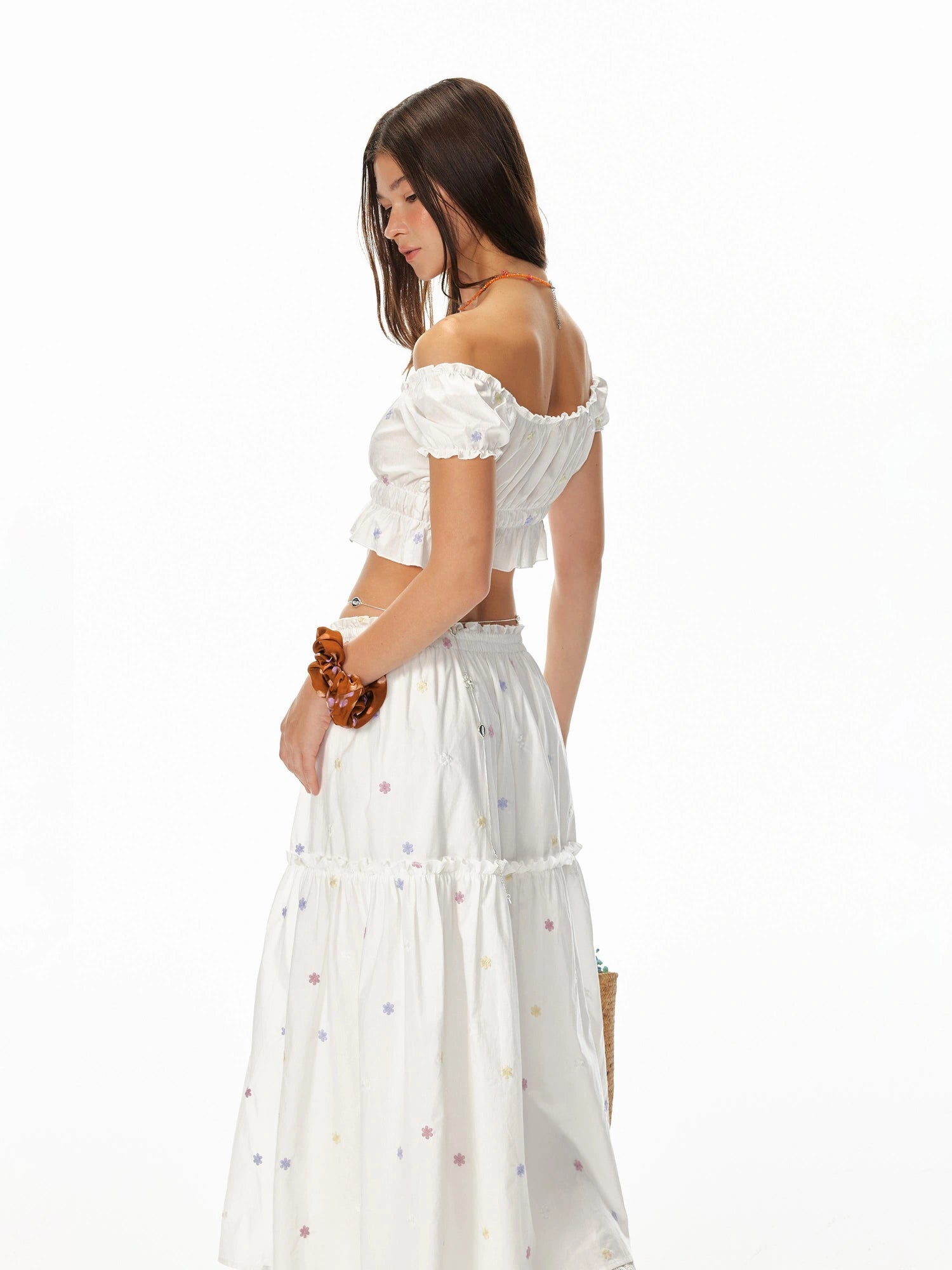 French Sexy Ruffled Crop Top Lace Skirt Set Island Vacation Outfits