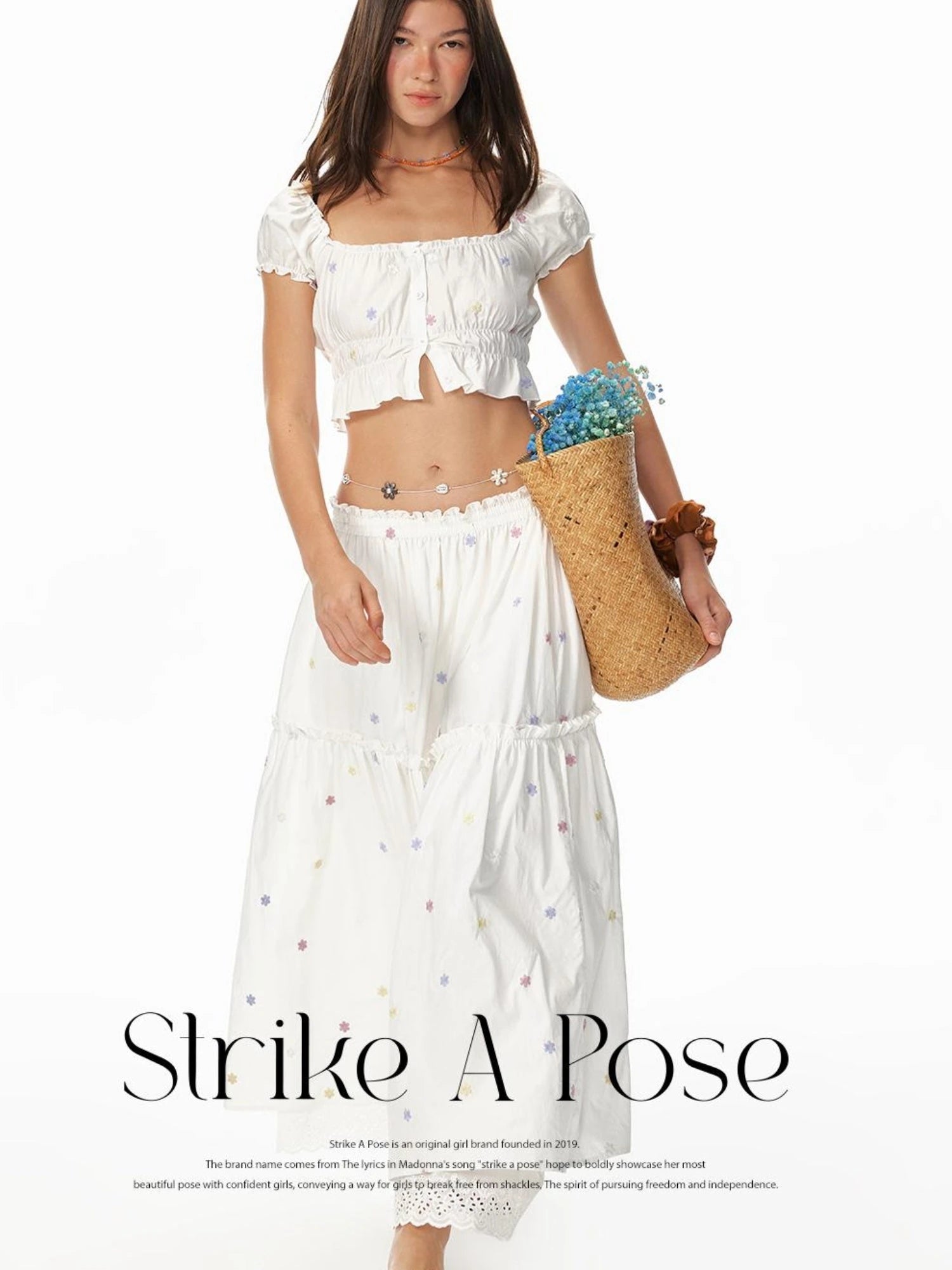 French Sexy Ruffled Crop Top Lace Skirt Set Island Vacation Outfits