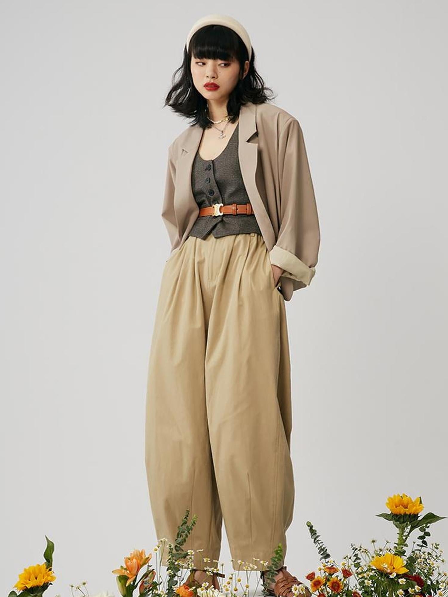 Sweet Mi French Style High Waisted Tapered Trousers With Elastic Waist