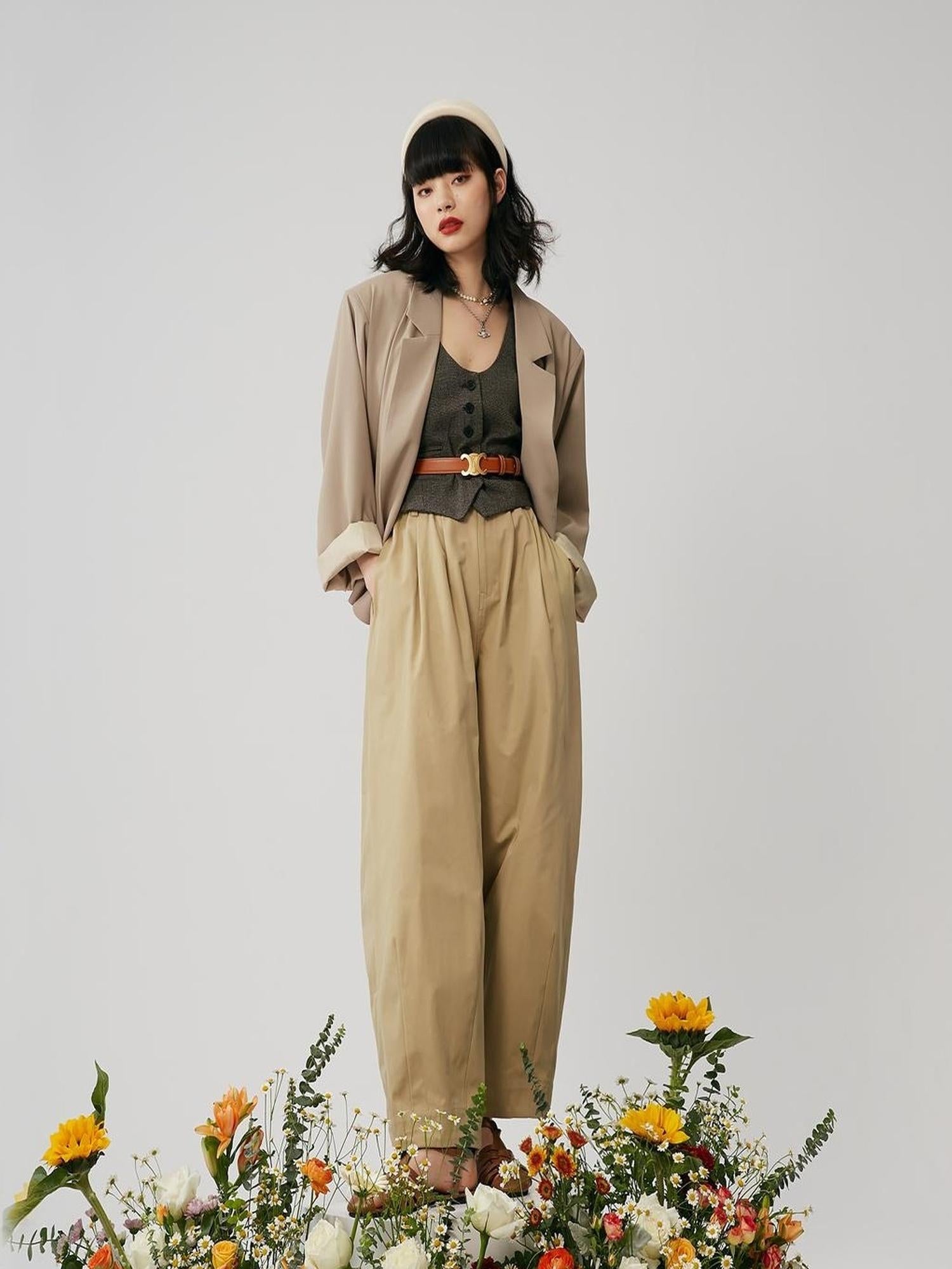 Sweet Mi French Style High Waisted Tapered Trousers With Elastic Waist