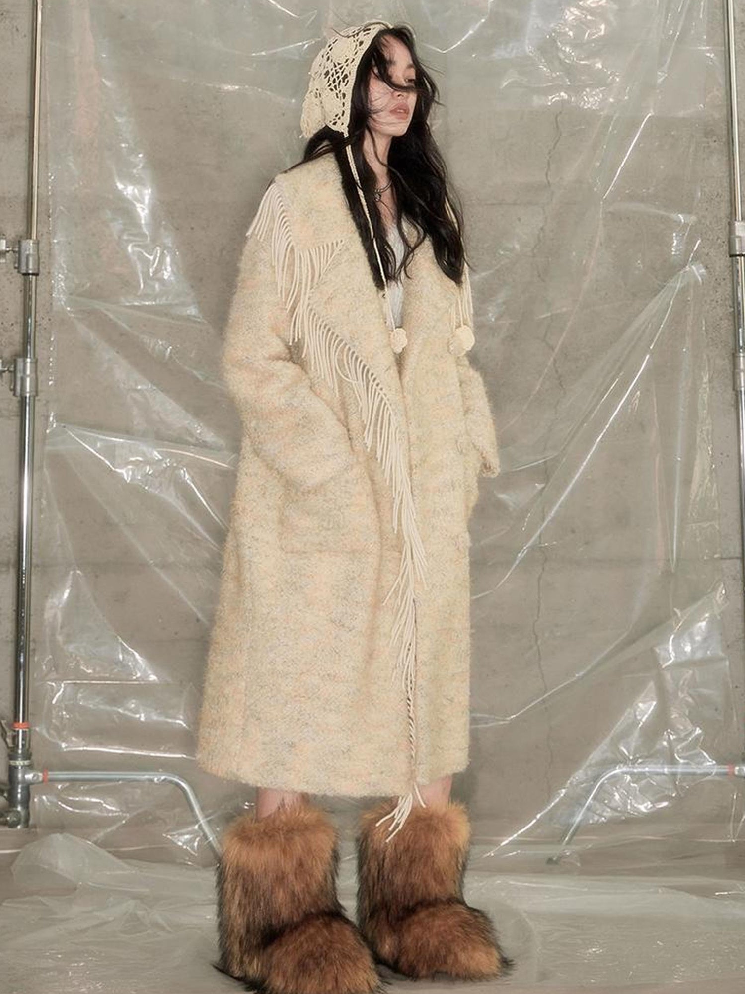 DIDDI MODA Fringed Collar Wool Blend Trench Coat