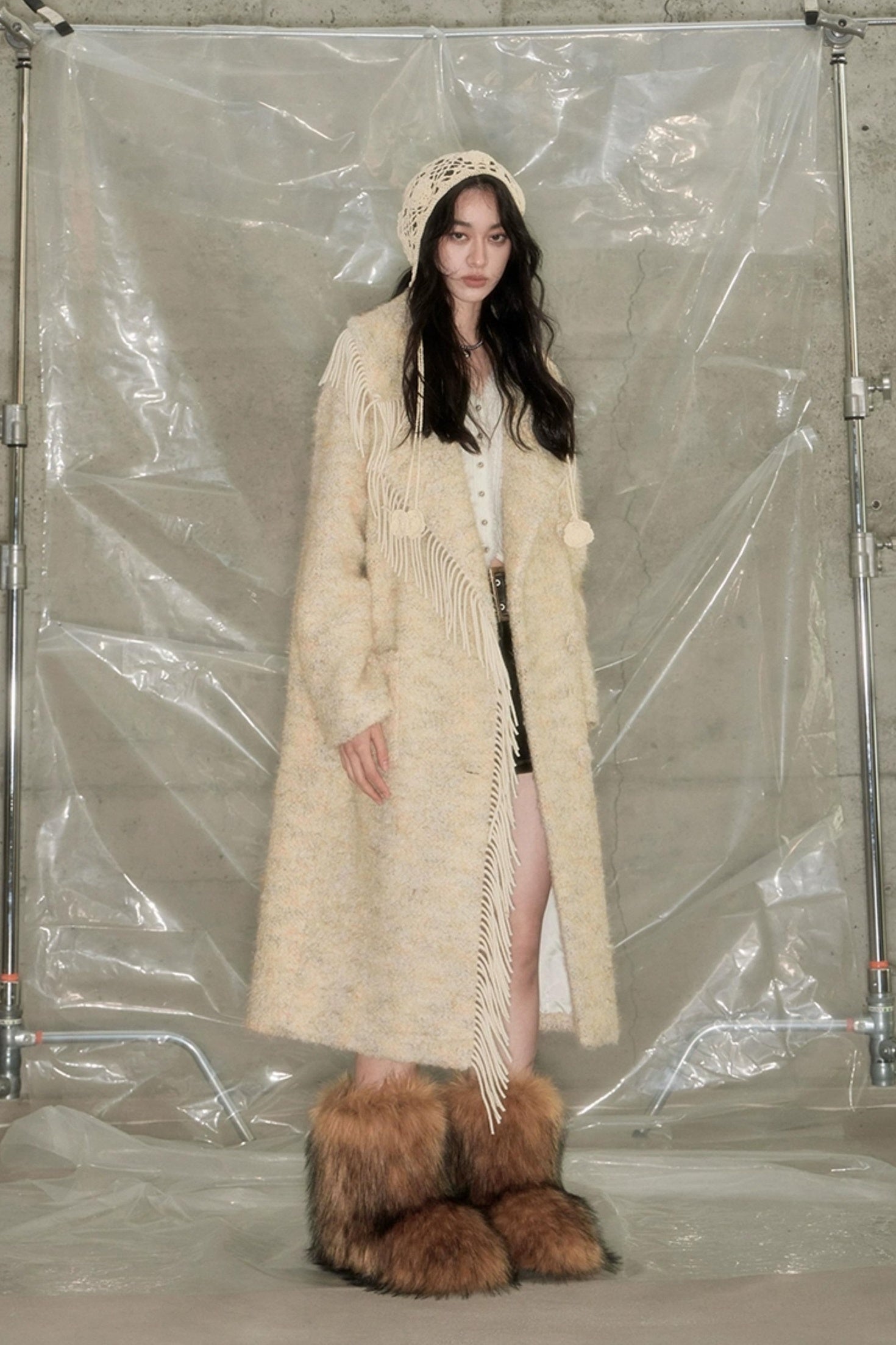 DIDDI MODA Fringed Collar Wool Blend Trench Coat