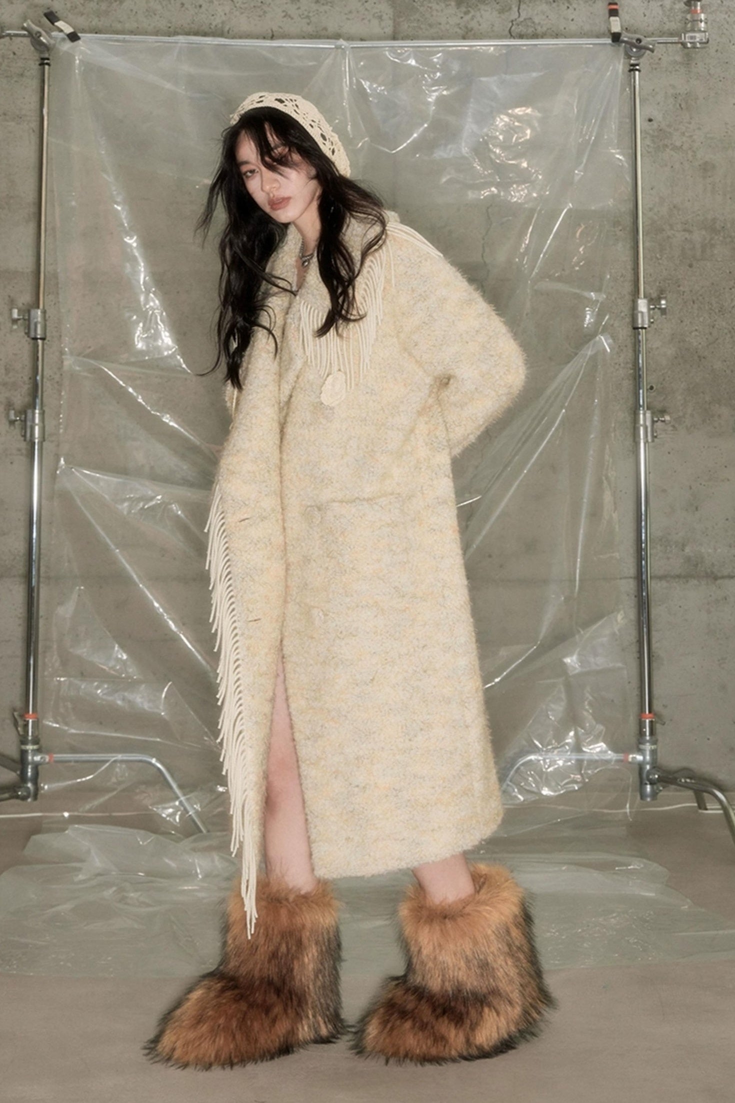 DIDDI MODA Fringed Collar Wool Blend Trench Coat