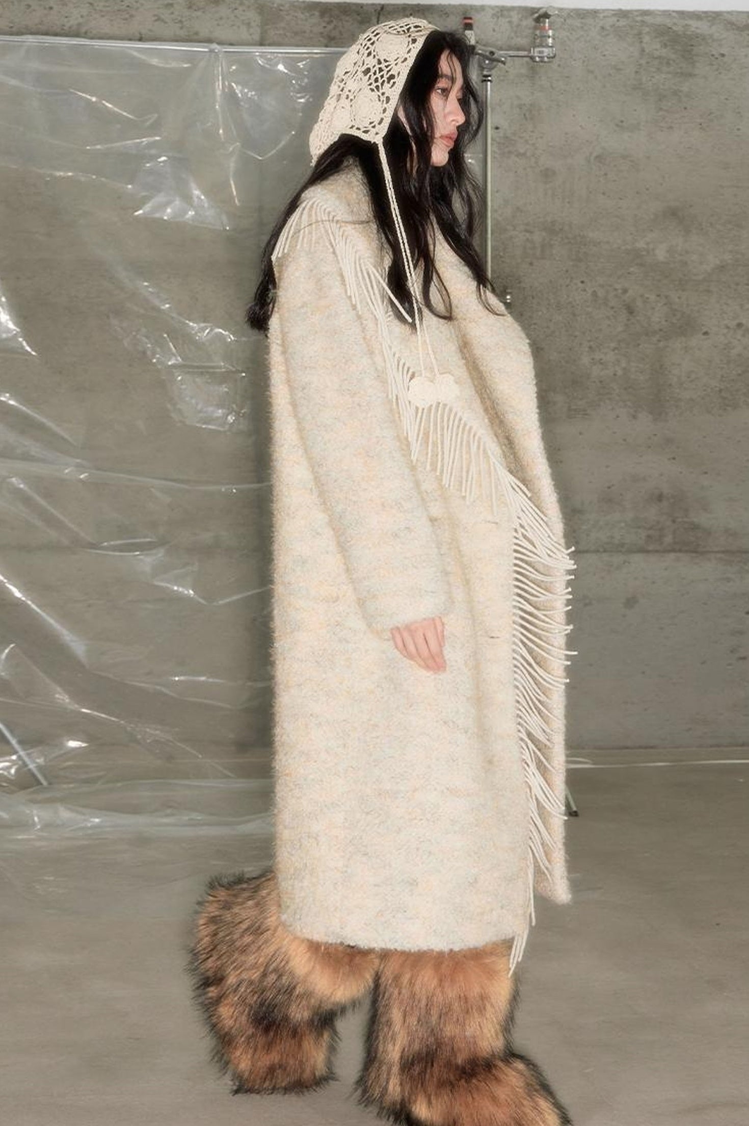 DIDDI MODA Fringed Collar Wool Blend Trench Coat