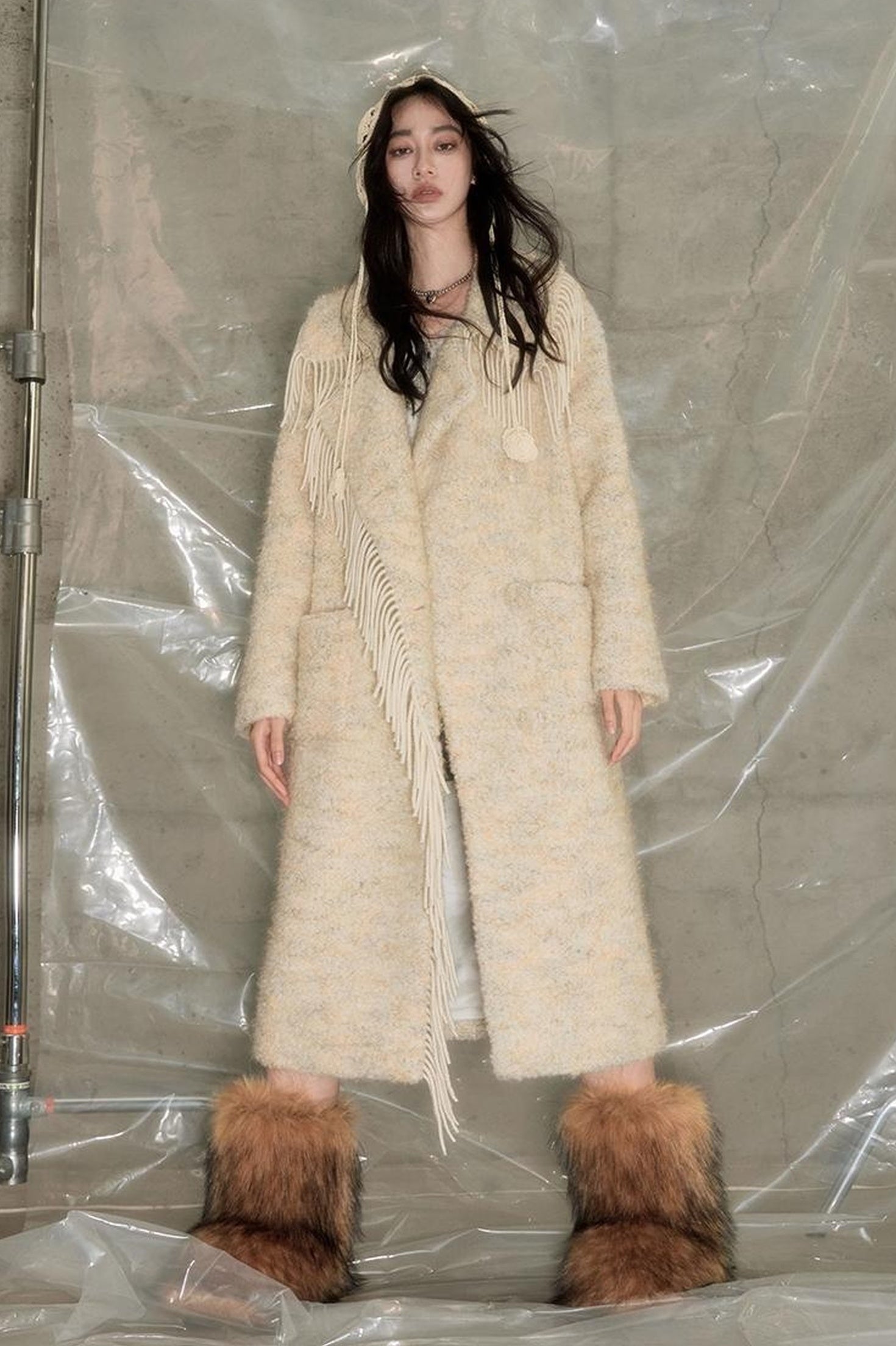 DIDDI MODA Fringed Collar Wool Blend Trench Coat