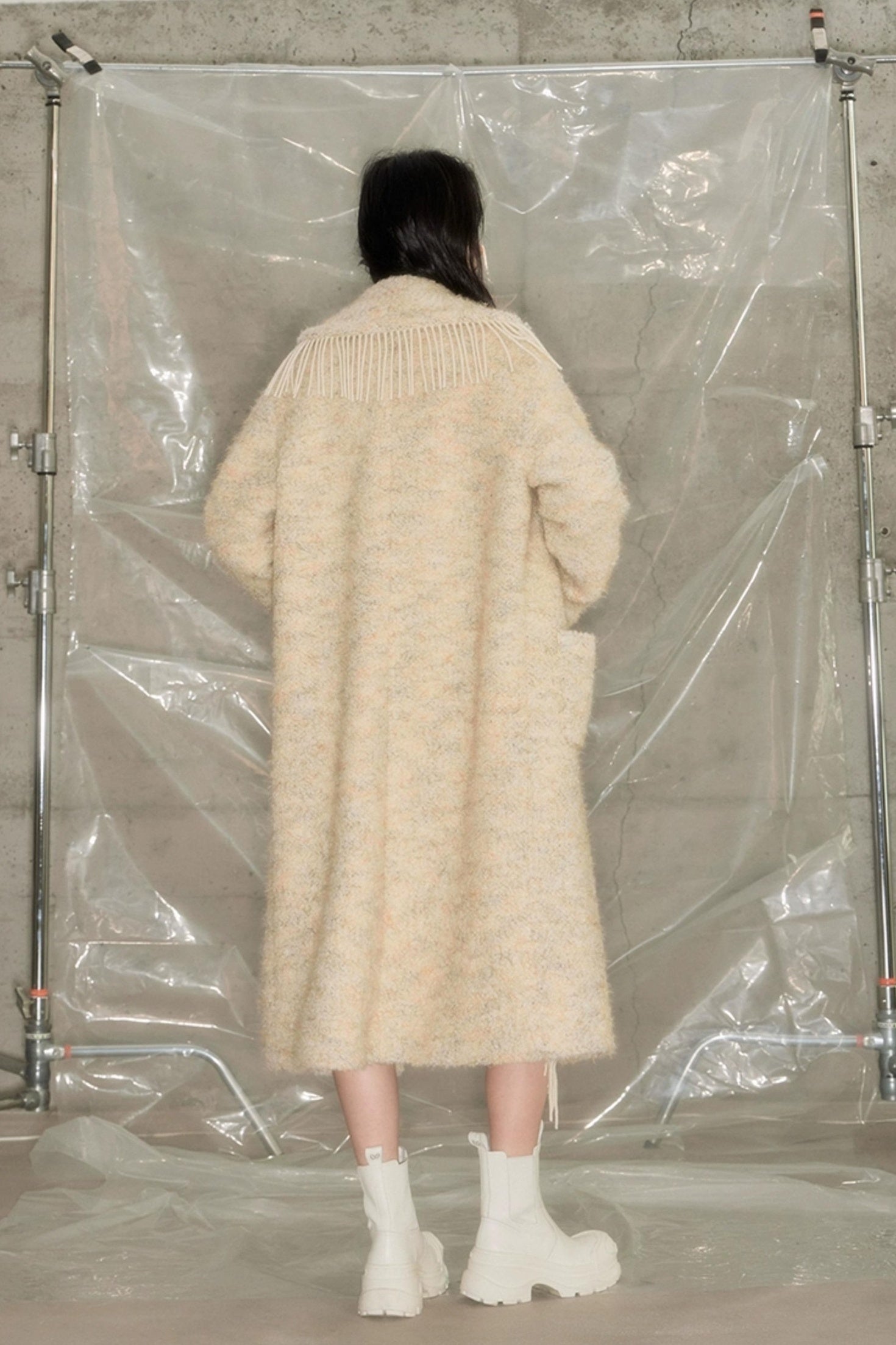 DIDDI MODA Fringed Collar Wool Blend Trench Coat