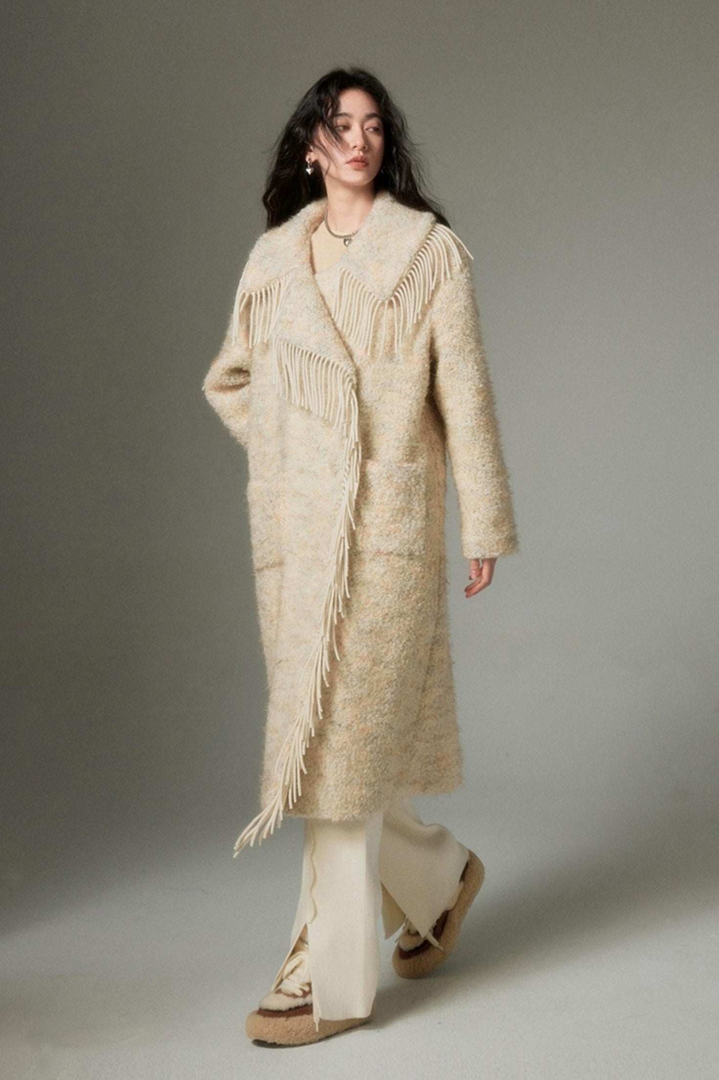 DIDDI MODA Fringed Collar Wool Blend Trench Coat