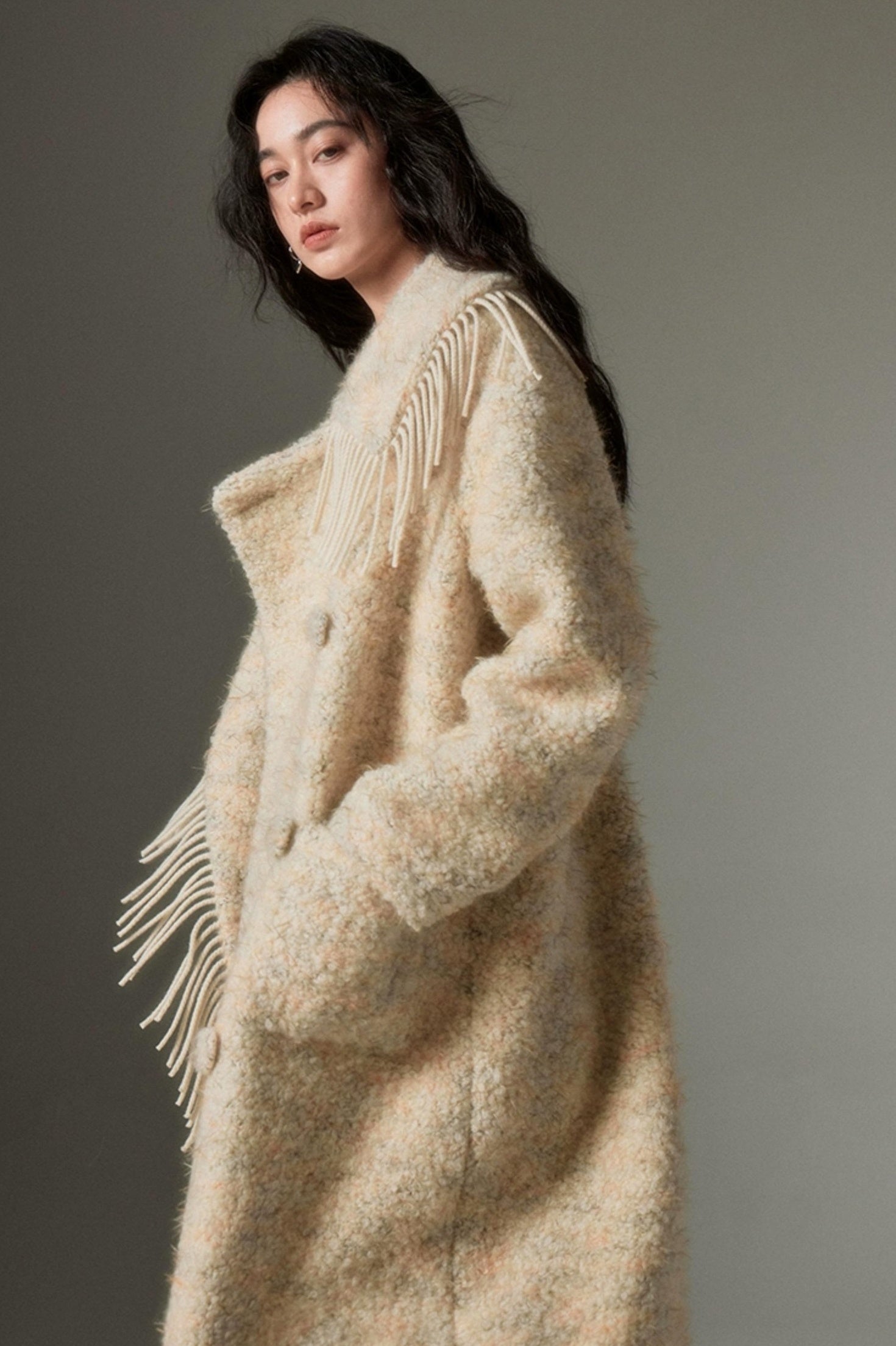 DIDDI MODA Fringed Collar Wool Blend Trench Coat