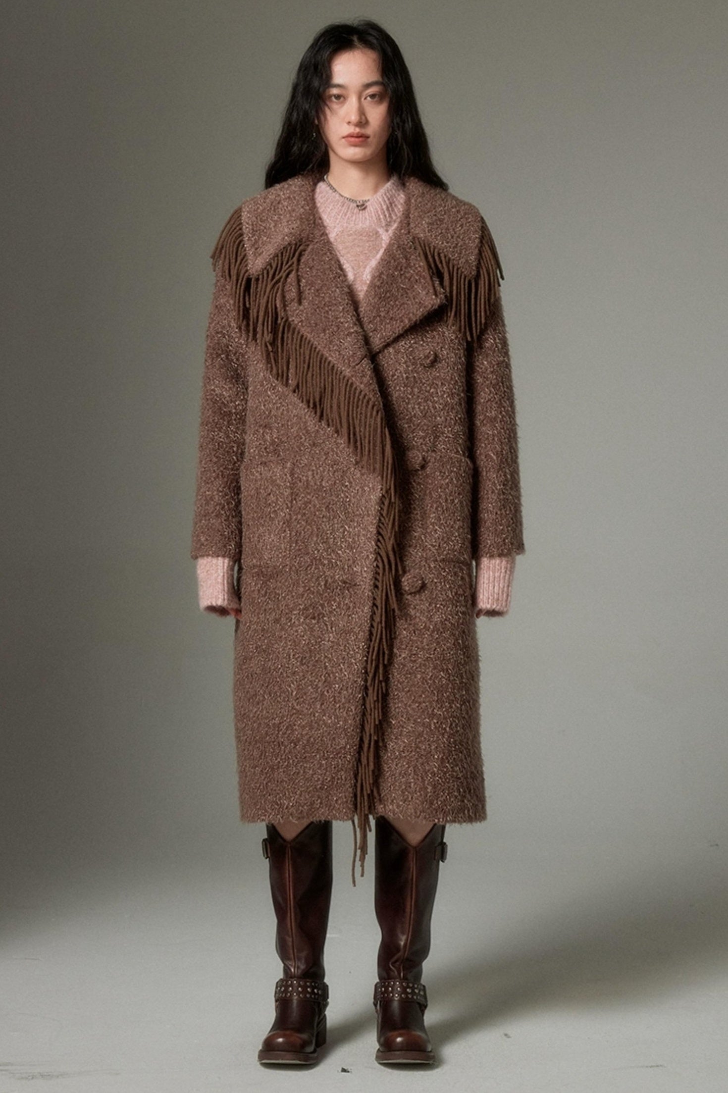 DIDDI MODA Fringed Collar Wool Blend Trench Coat