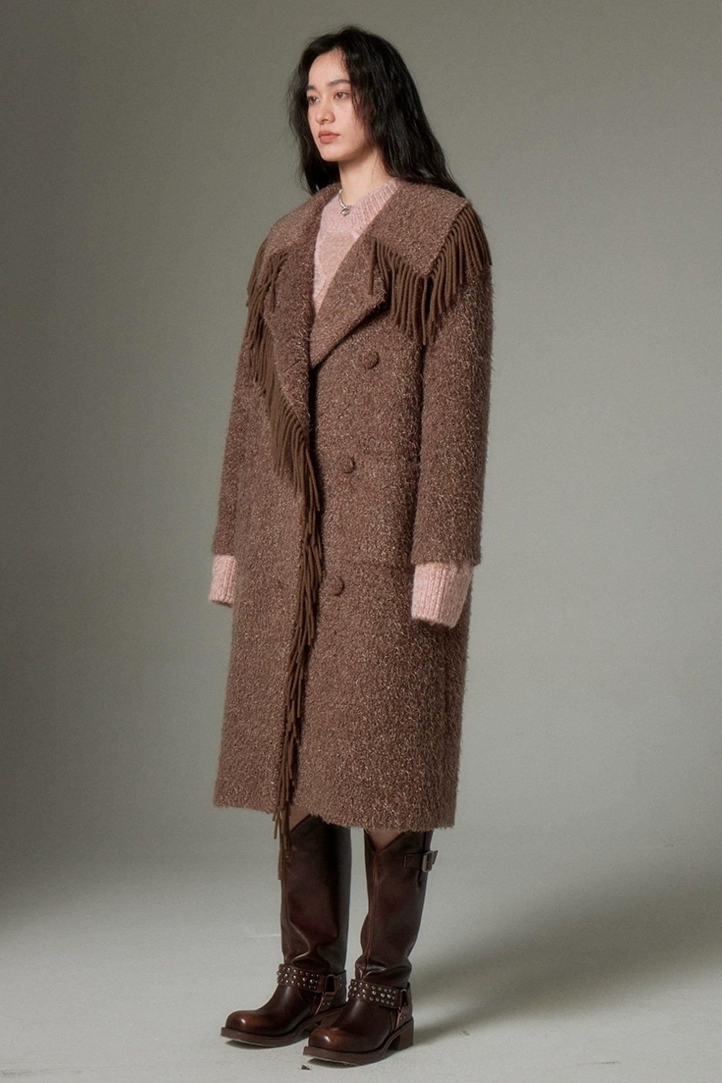 DIDDI MODA Fringed Collar Wool Blend Trench Coat