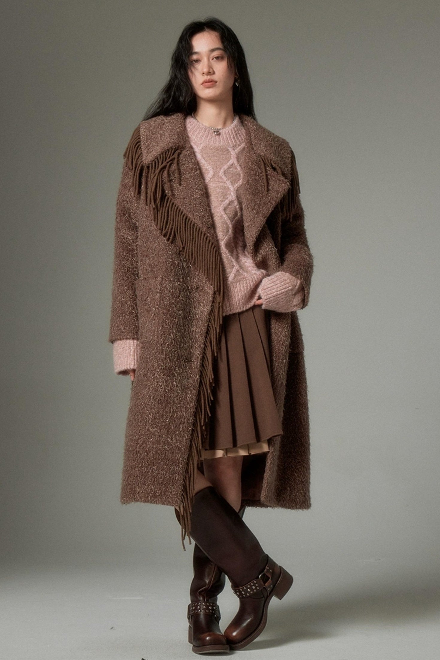 DIDDI MODA Fringed Collar Wool Blend Trench Coat