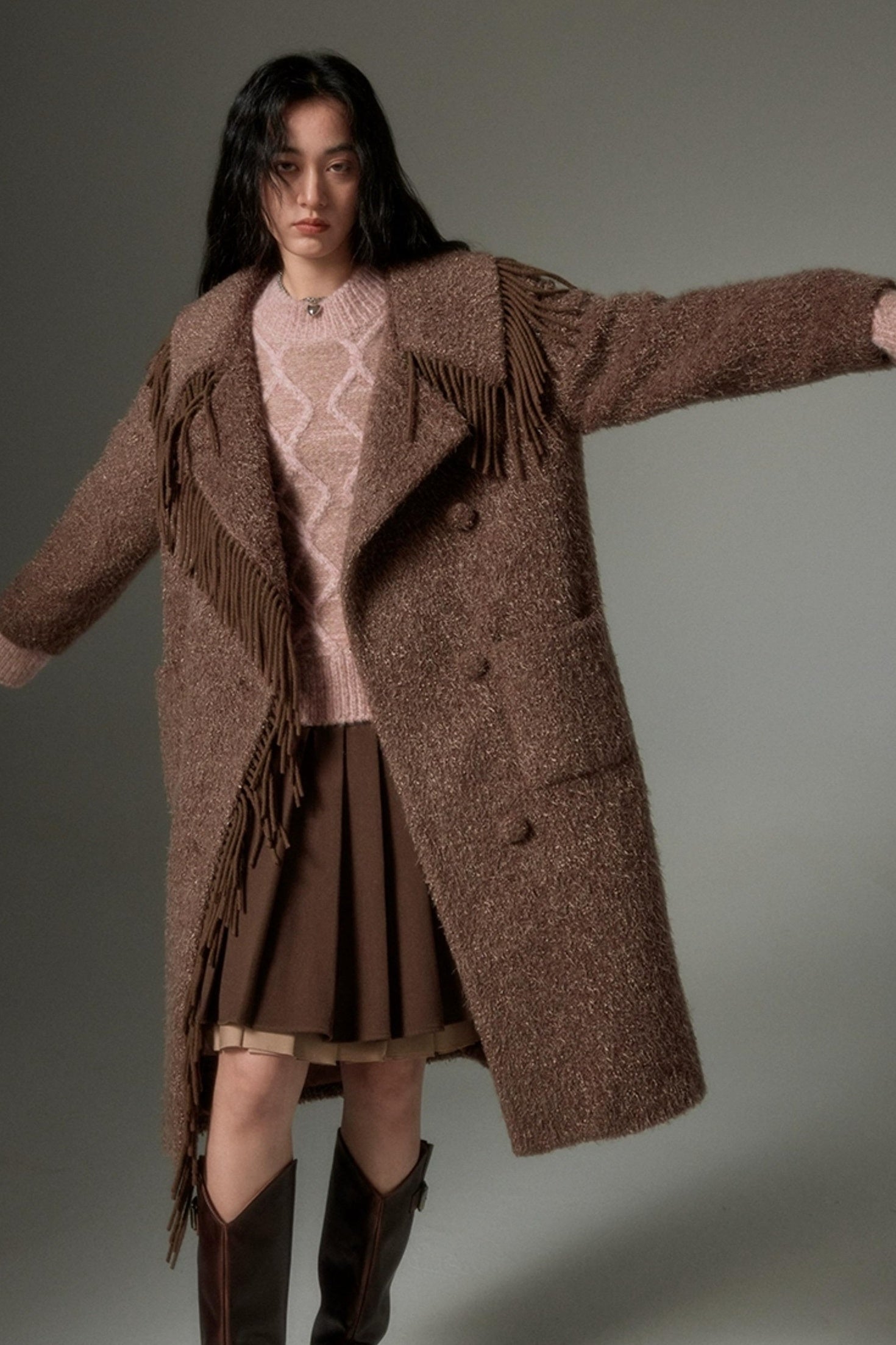 DIDDI MODA Fringed Collar Wool Blend Trench Coat