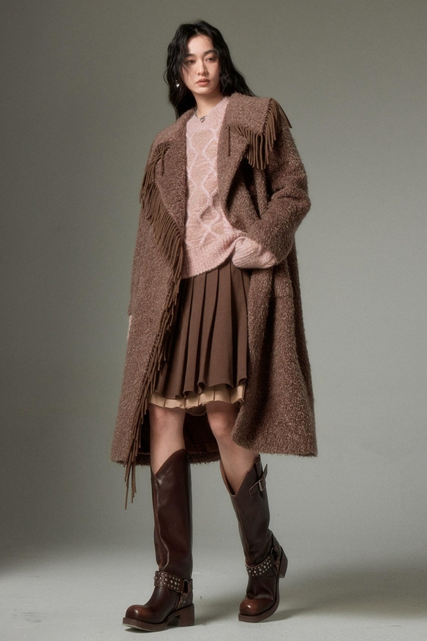 DIDDI MODA Fringed Collar Wool Blend Trench Coat