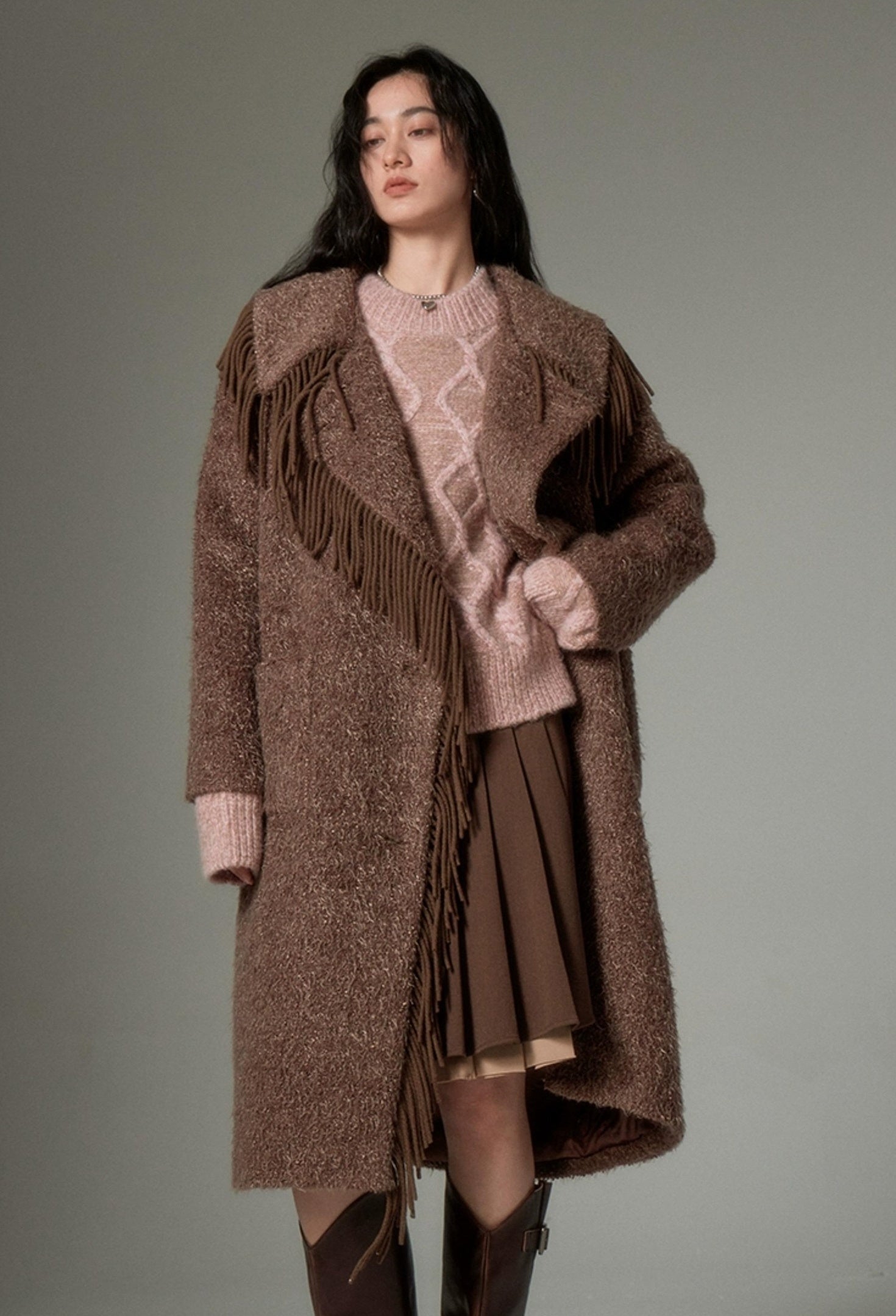 DIDDI MODA Fringed Collar Wool Blend Trench Coat