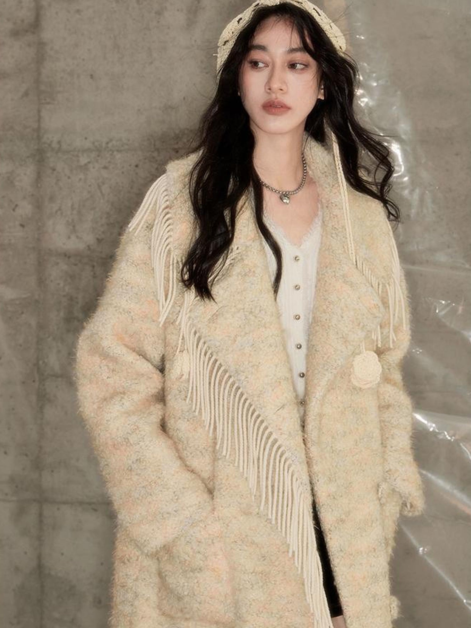 DIDDI MODA Fringed Collar Wool Blend Trench Coat