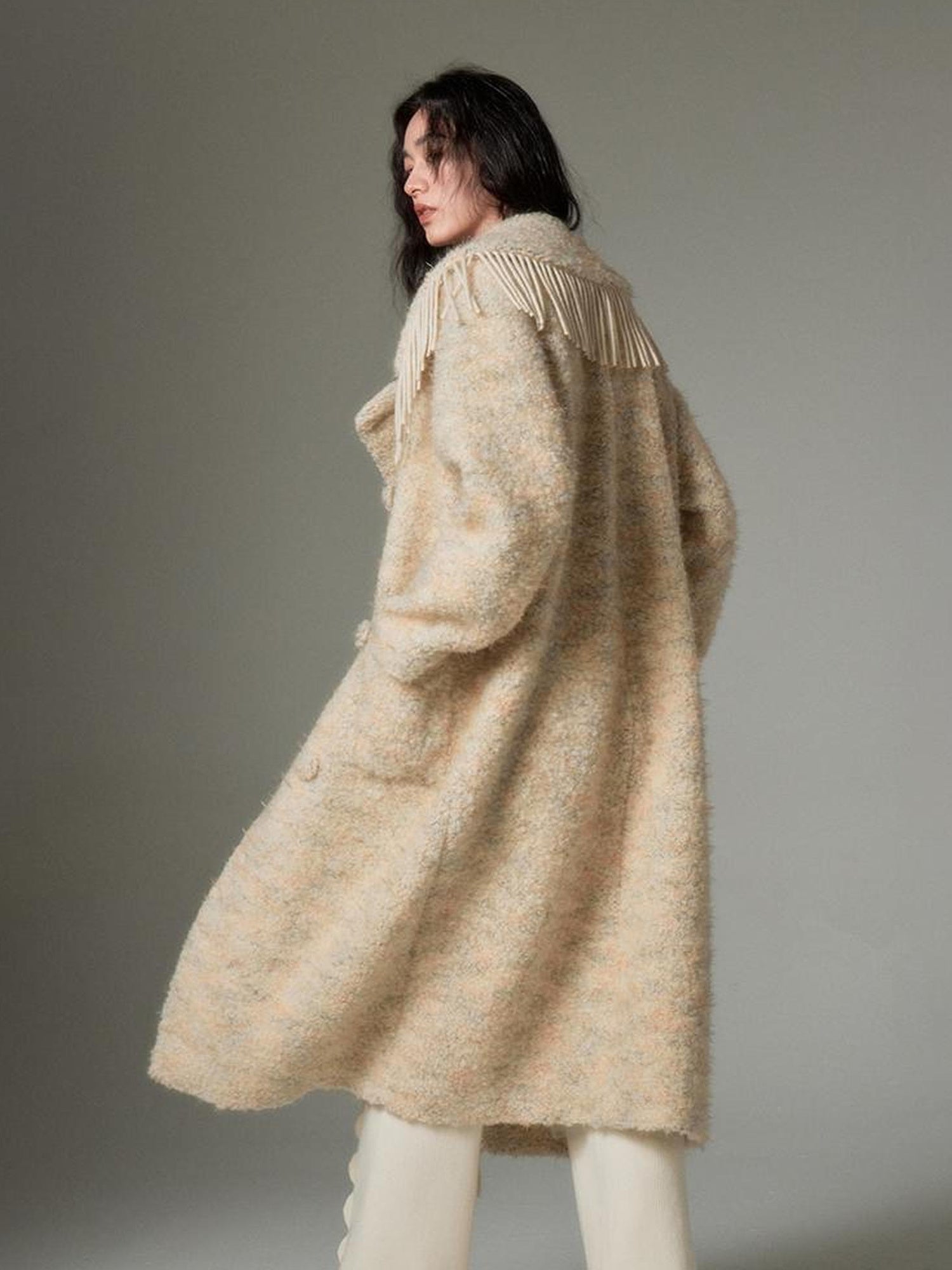 DIDDI MODA Fringed Collar Wool Blend Trench Coat