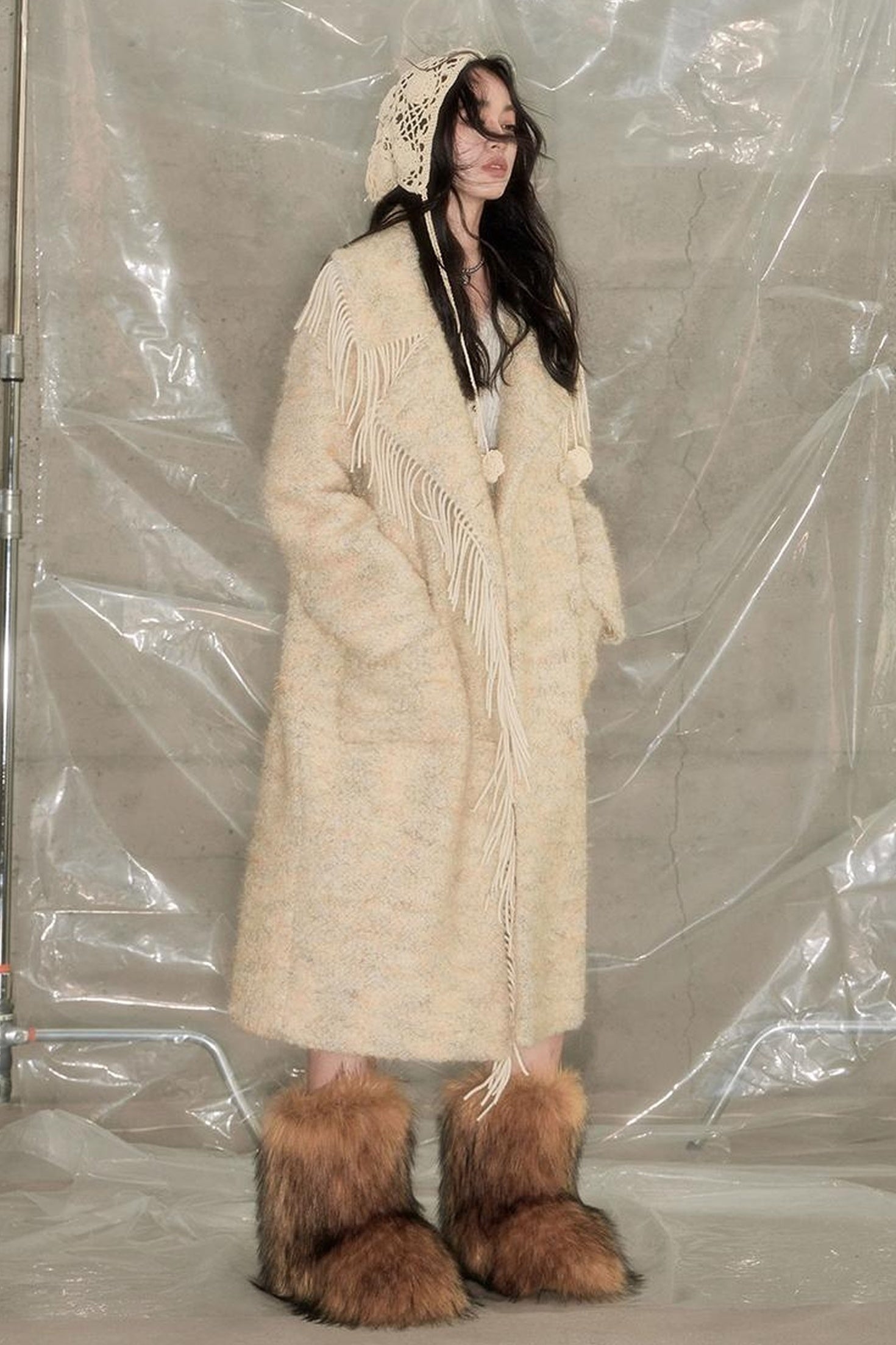 DIDDI MODA Fringed Collar Wool Blend Trench Coat