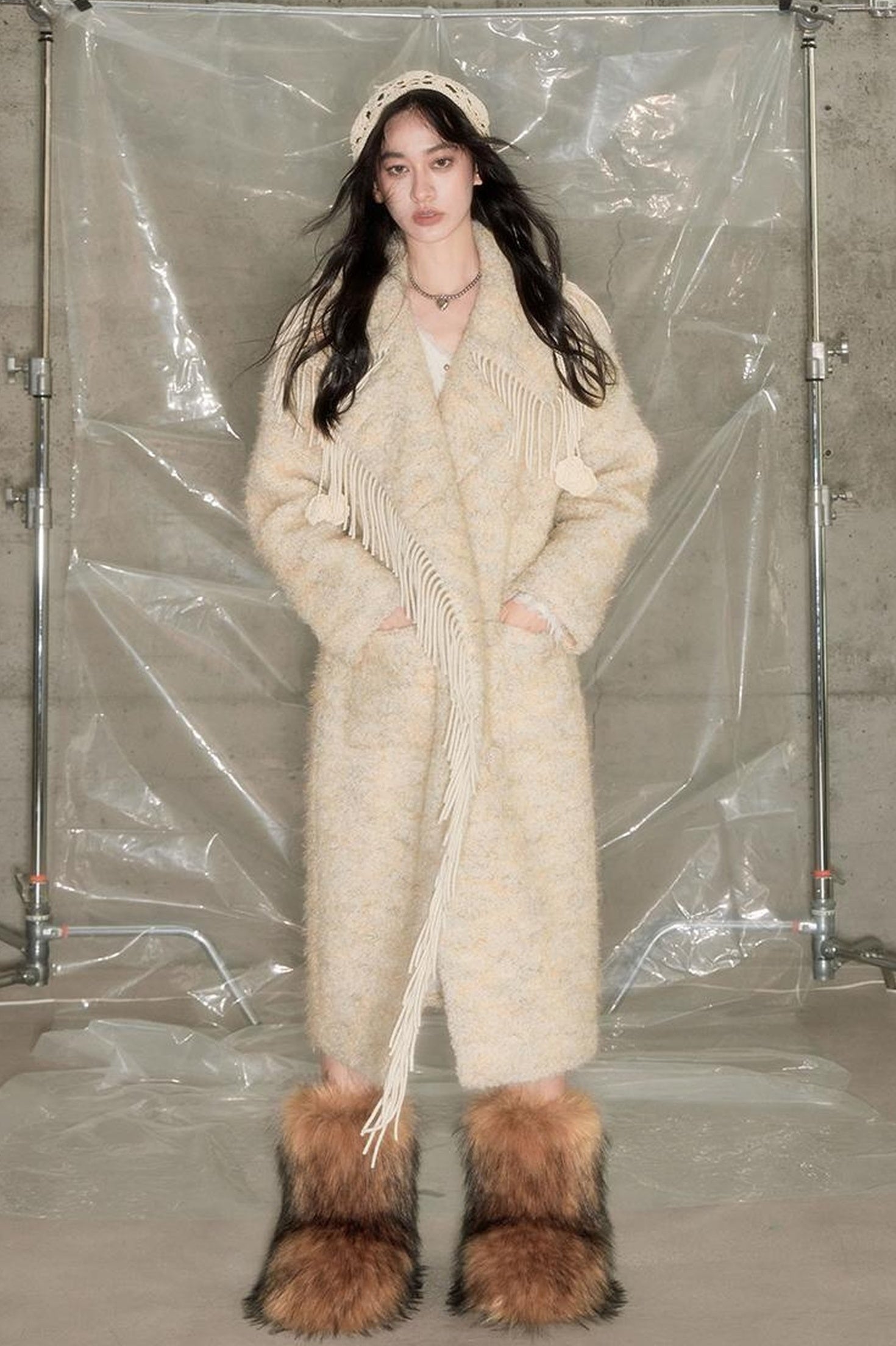 DIDDI MODA Fringed Collar Wool Blend Trench Coat