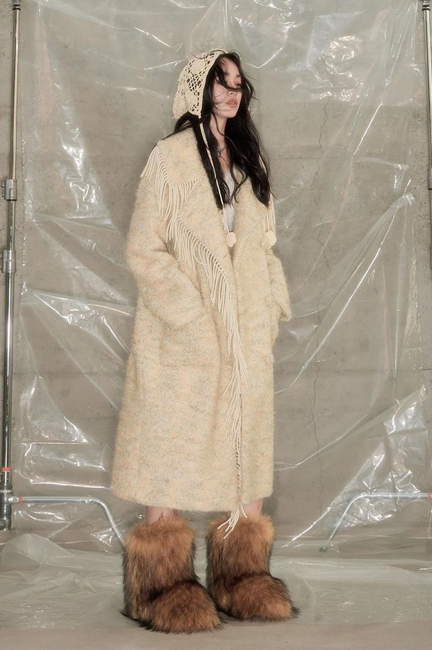 DIDDI MODA Fringed Collar Wool Blend Trench Coat