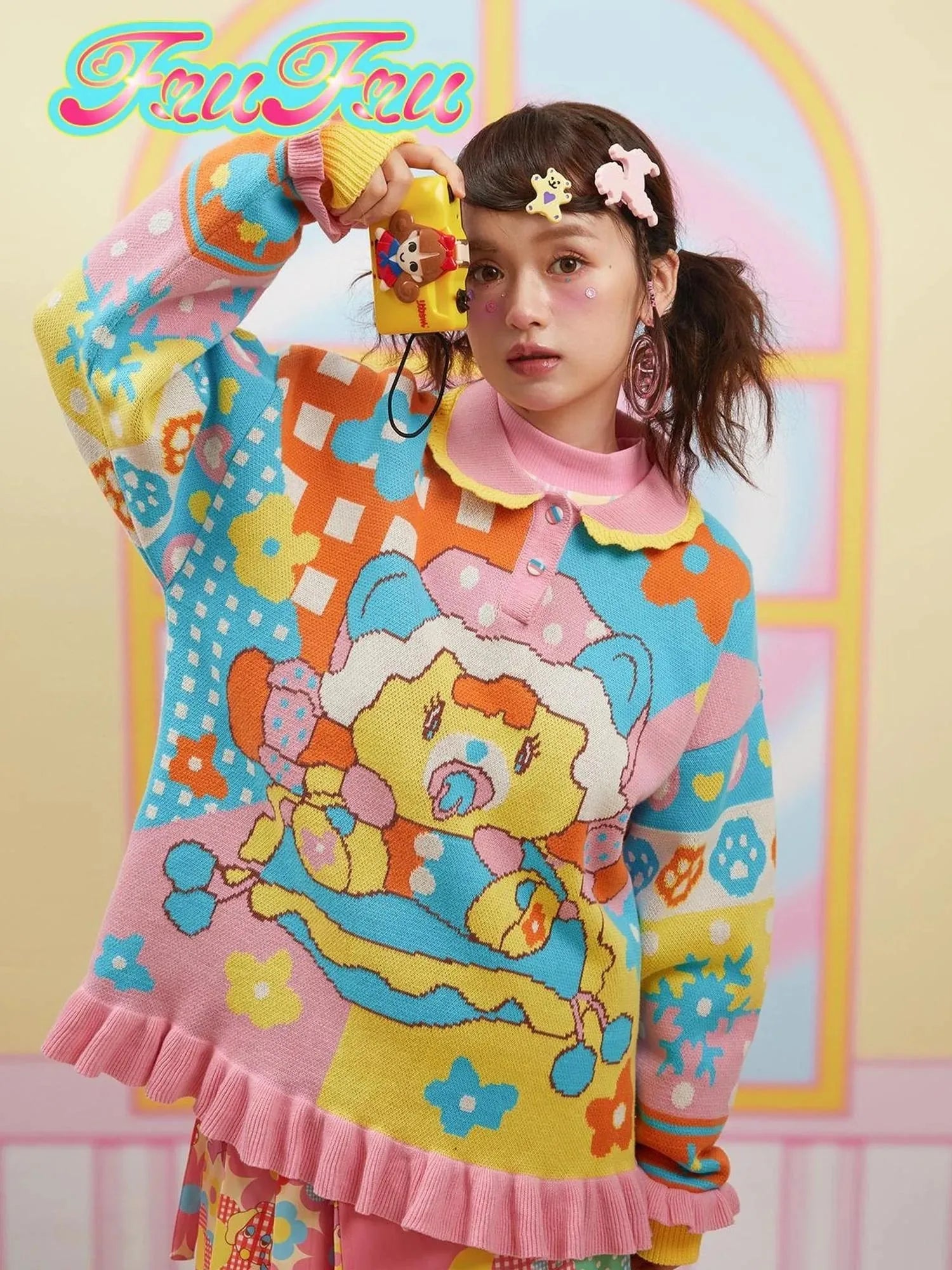 Frufru Gulu Loose Knit Sweater Contrast Collar Fall Winter