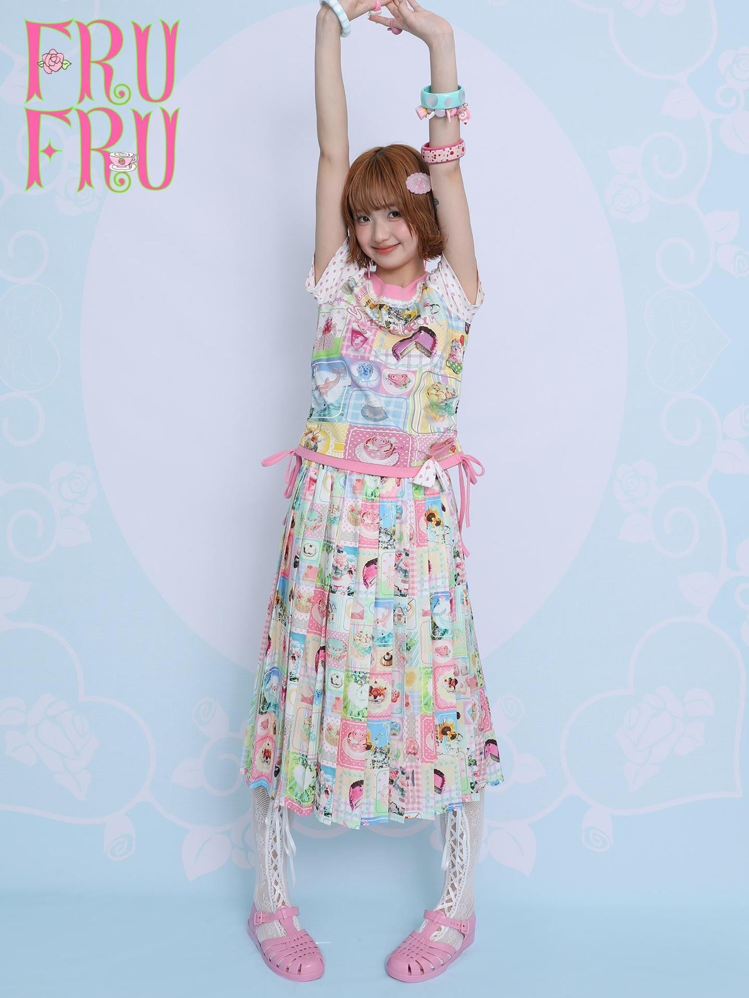 Frufru Gulu Rose Print Cute Loose Pleated Mid Waist Women&