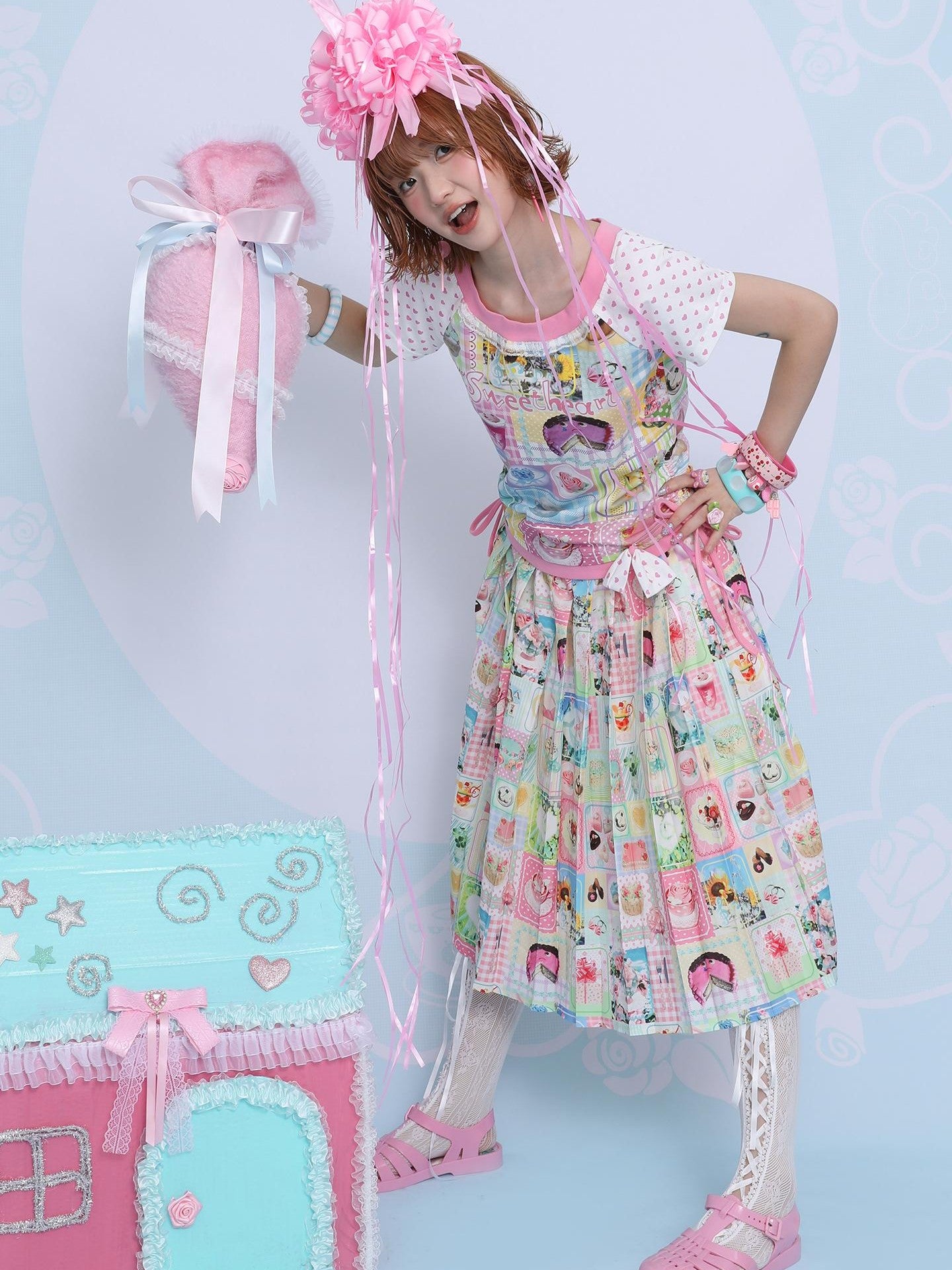 Frufru Gulu Rose Print Cute Loose Pleated Mid Waist Women&