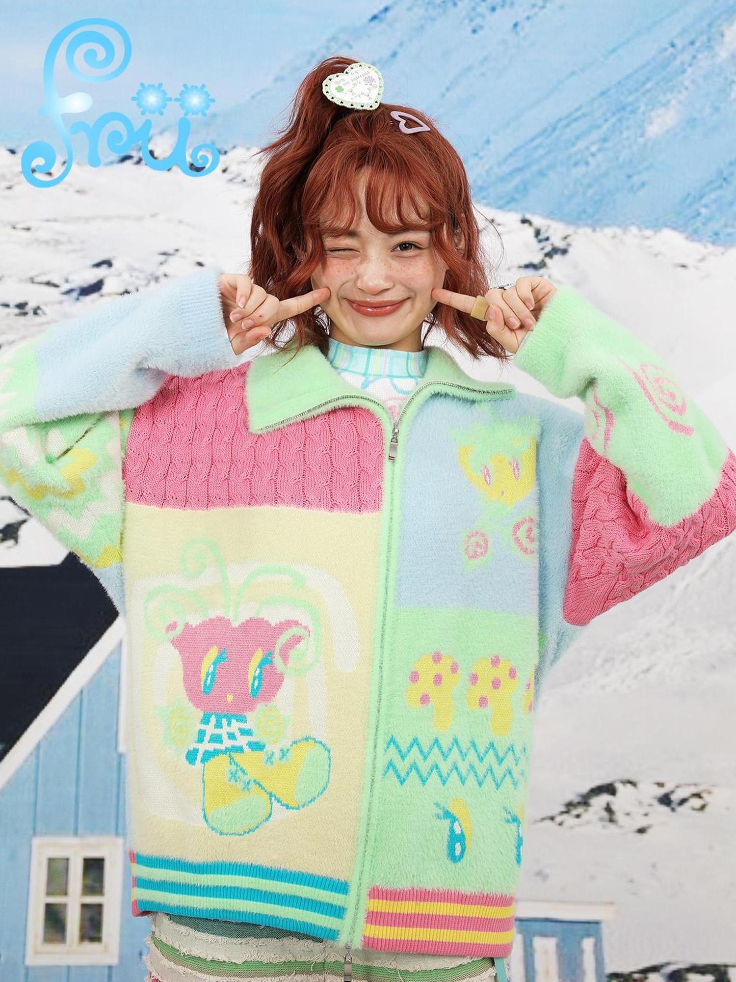 Frufru Gulu Frufru Gulu Snow Farm Cute Colorful Cardigan Jacket For Winter Girls