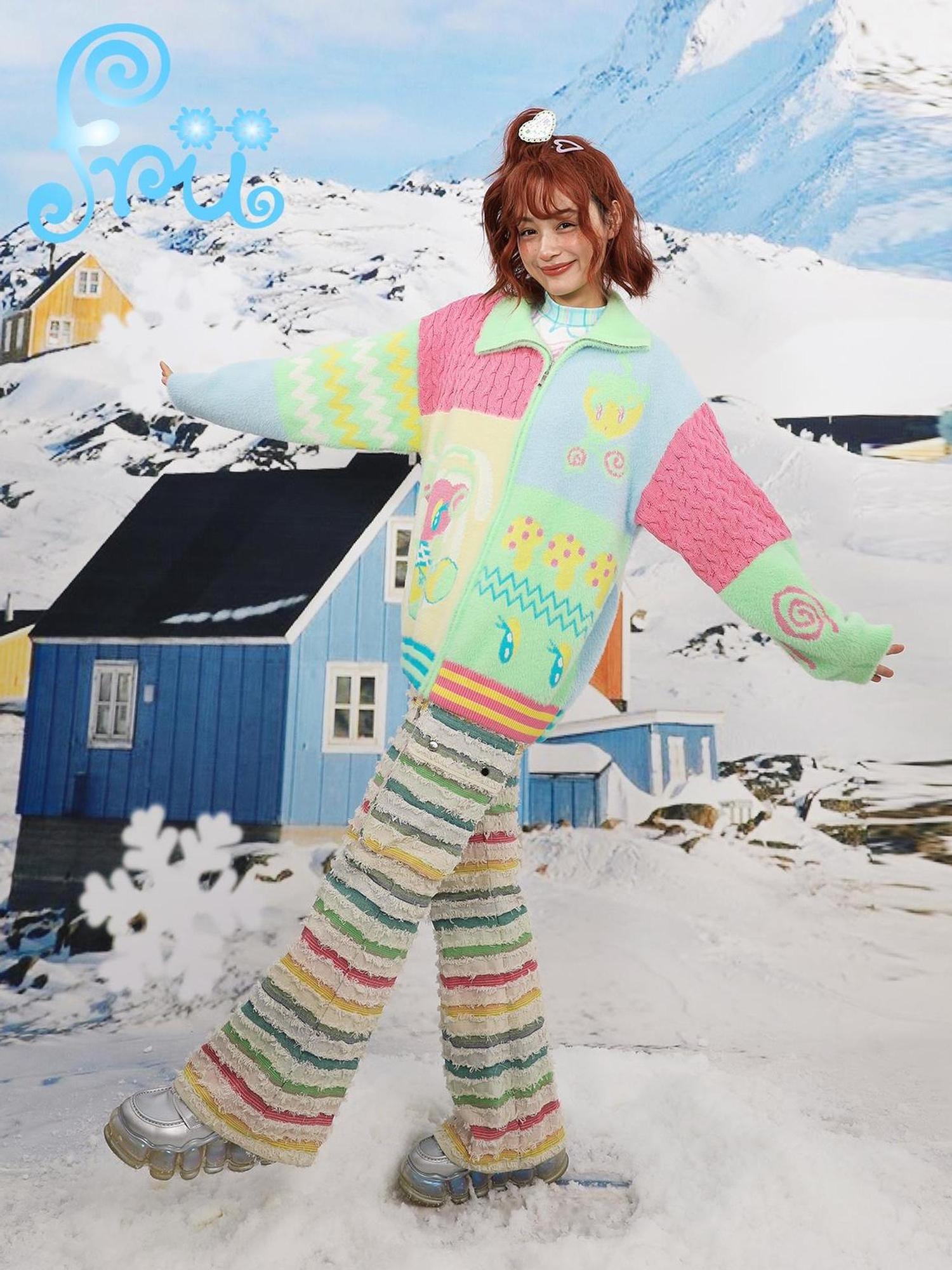 Frufru Gulu Frufru Gulu Snow Farm Cute Colorful Cardigan Jacket For Winter Girls