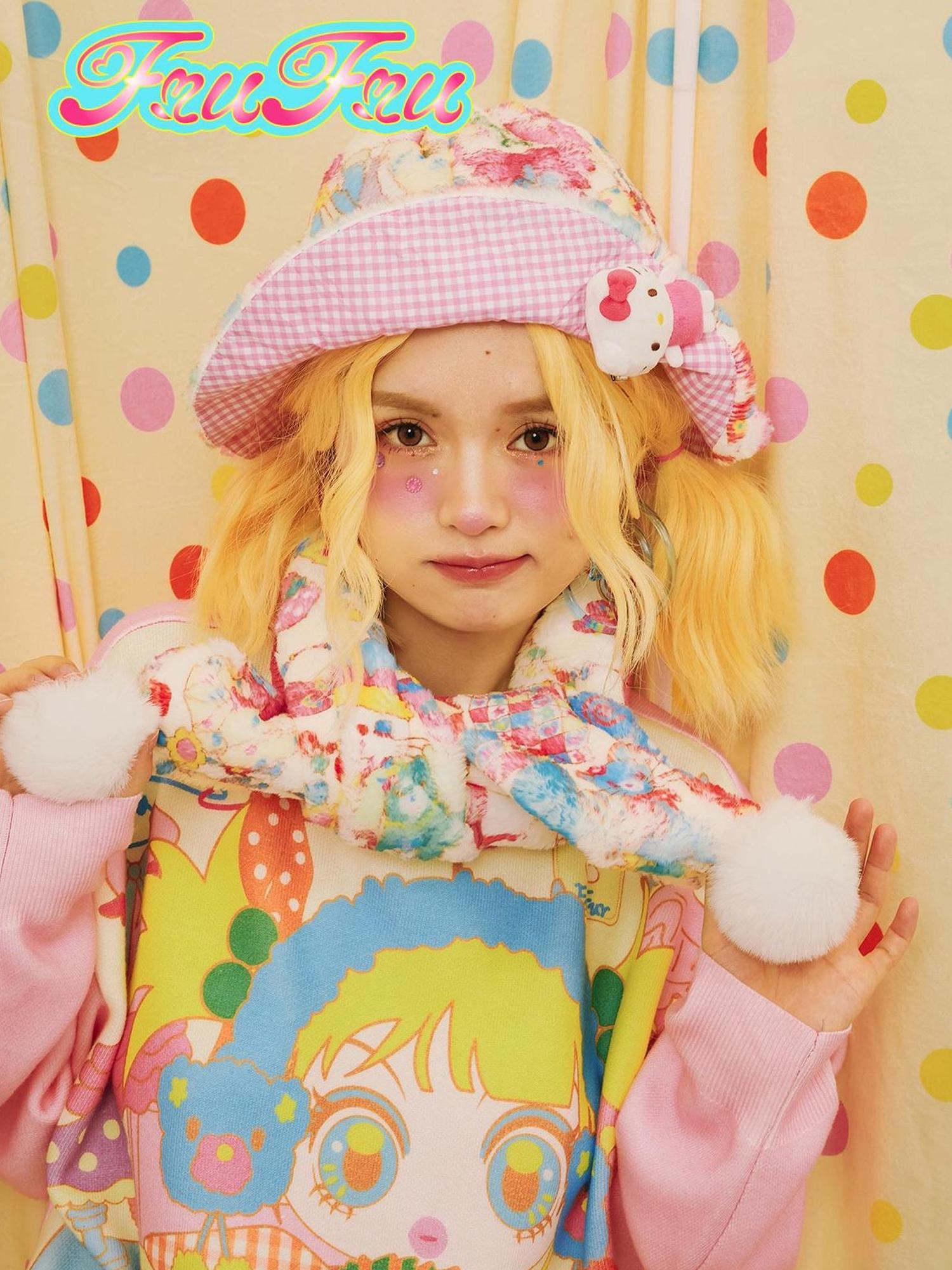 Frufru Gulu Frufruu Cute Cartoon Print Hat Scarf Set For Girls