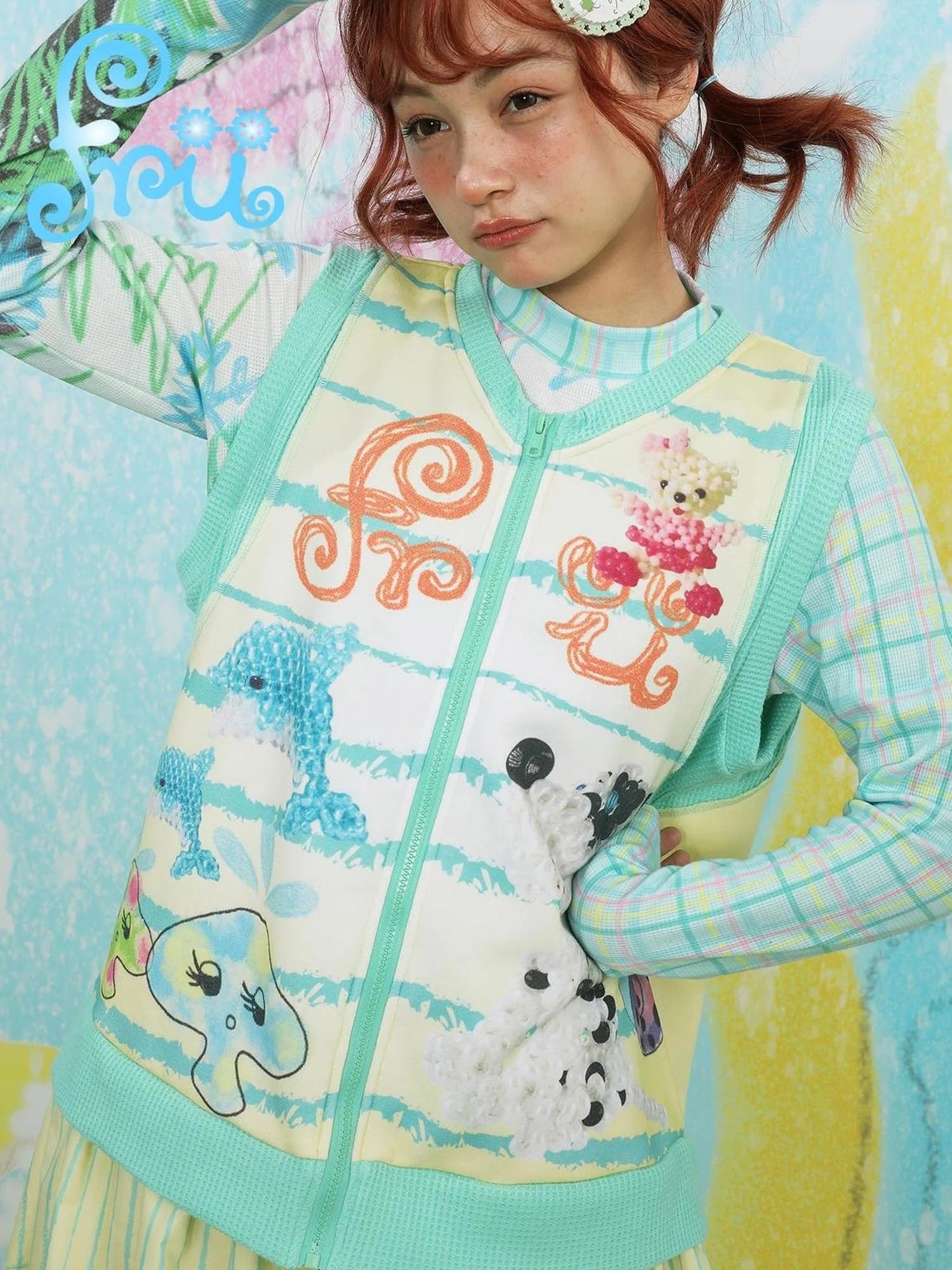 Frufruu Gulu Snowfield Print Patchwork Knit Yellow Green Vest Dress