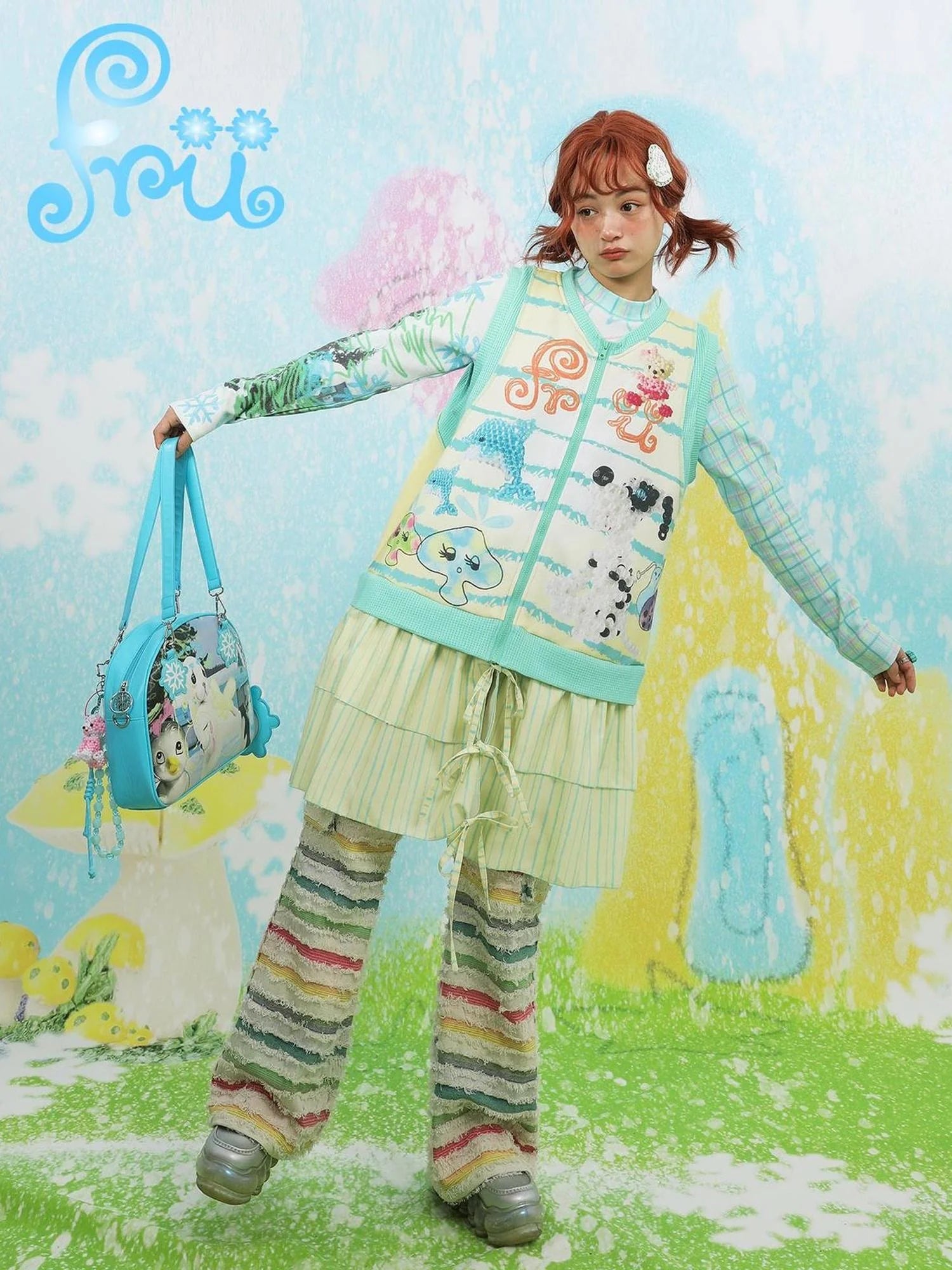 Frufruu Gulu Snowfield Print Patchwork Knit Yellow Green Vest Dress