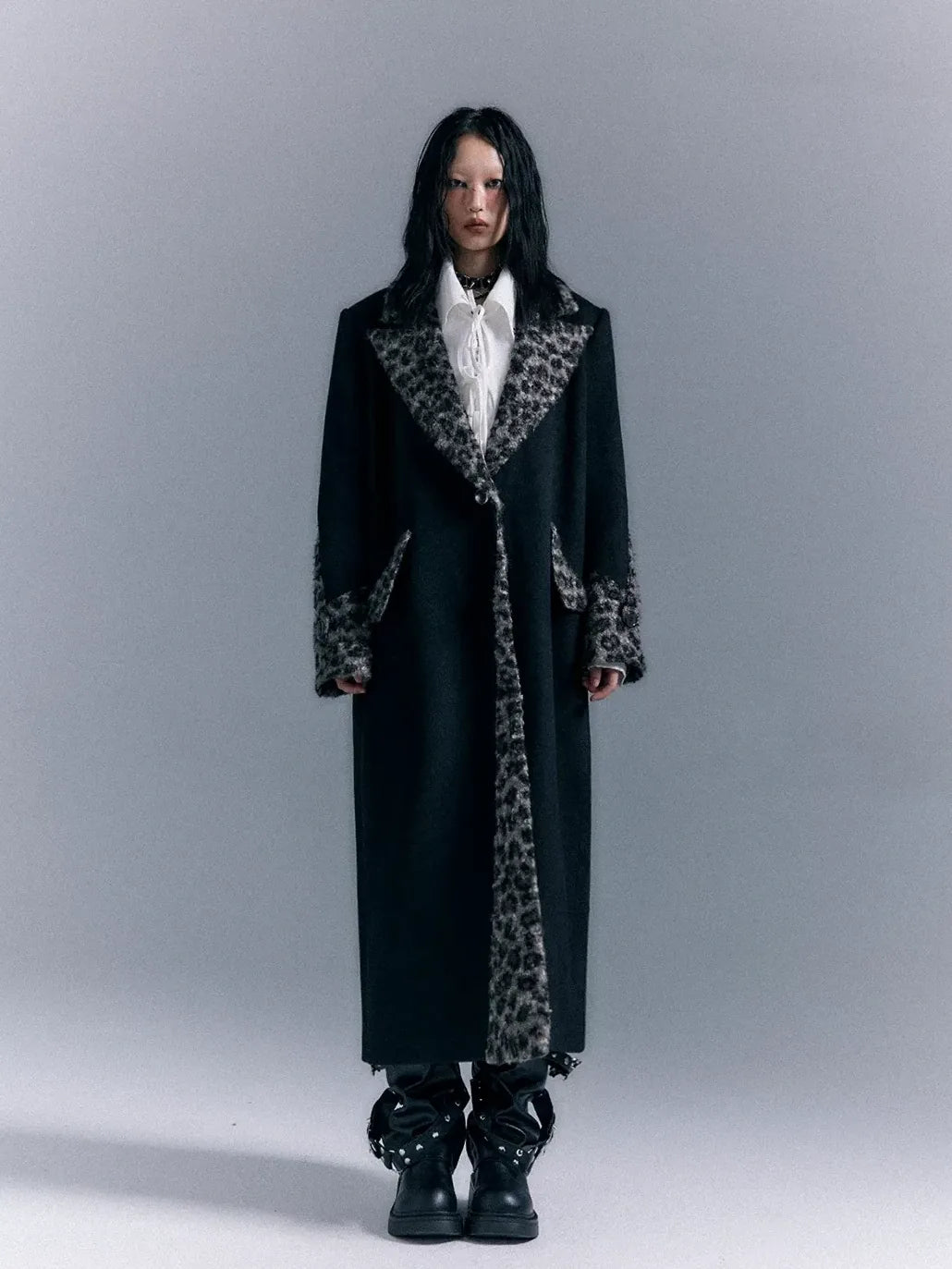 Frustration Garden Asymmetric Leopard Print Wool Blend Coat