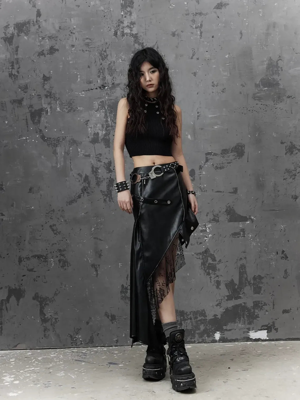 Frustration Garden Asymmetric Punk Leather Skirt With Mesh
