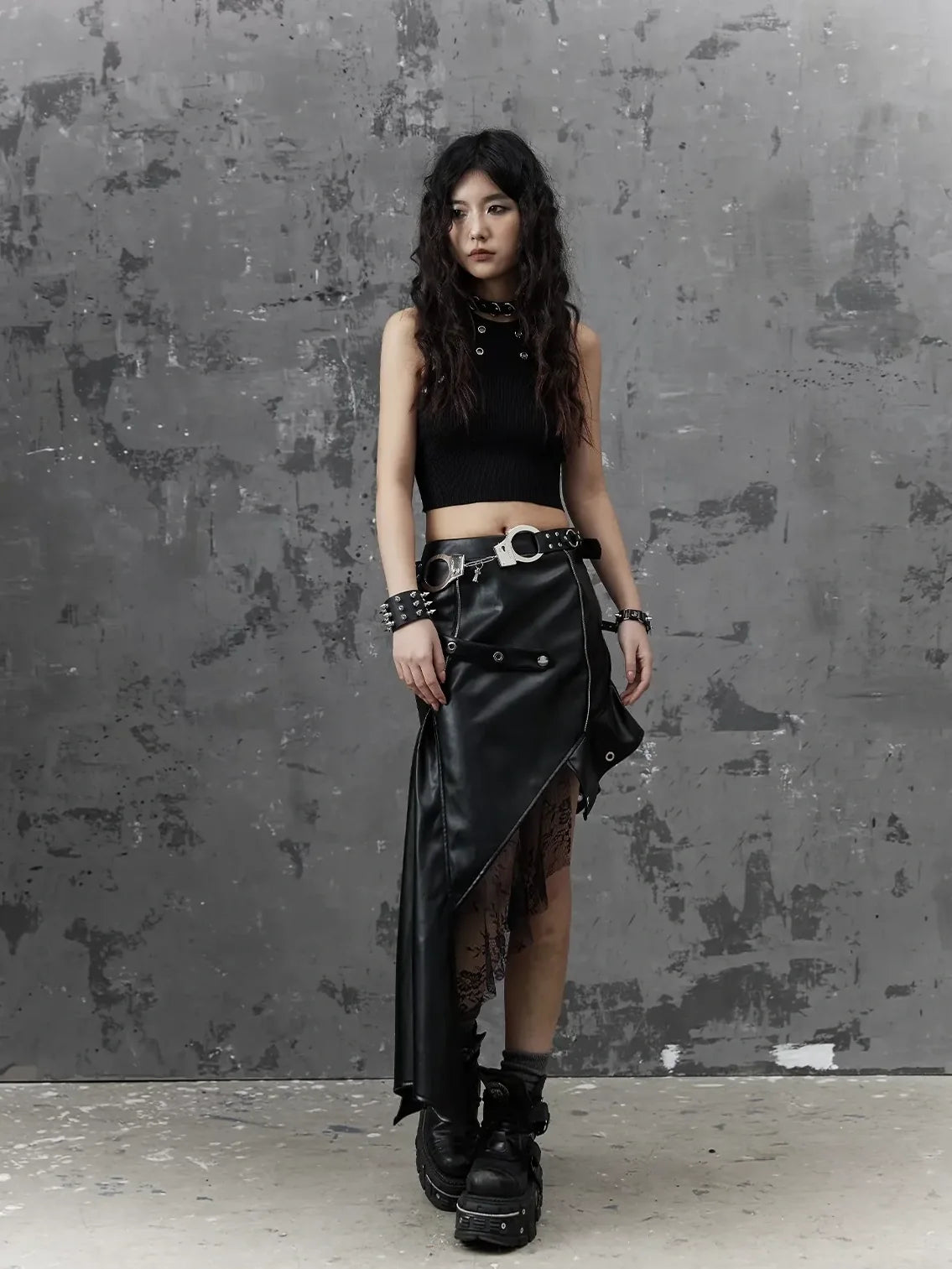Frustration Garden Asymmetric Punk Leather Skirt With Mesh