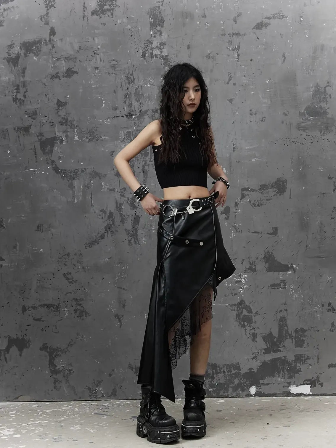 Frustration Garden Asymmetric Punk Leather Skirt With Mesh