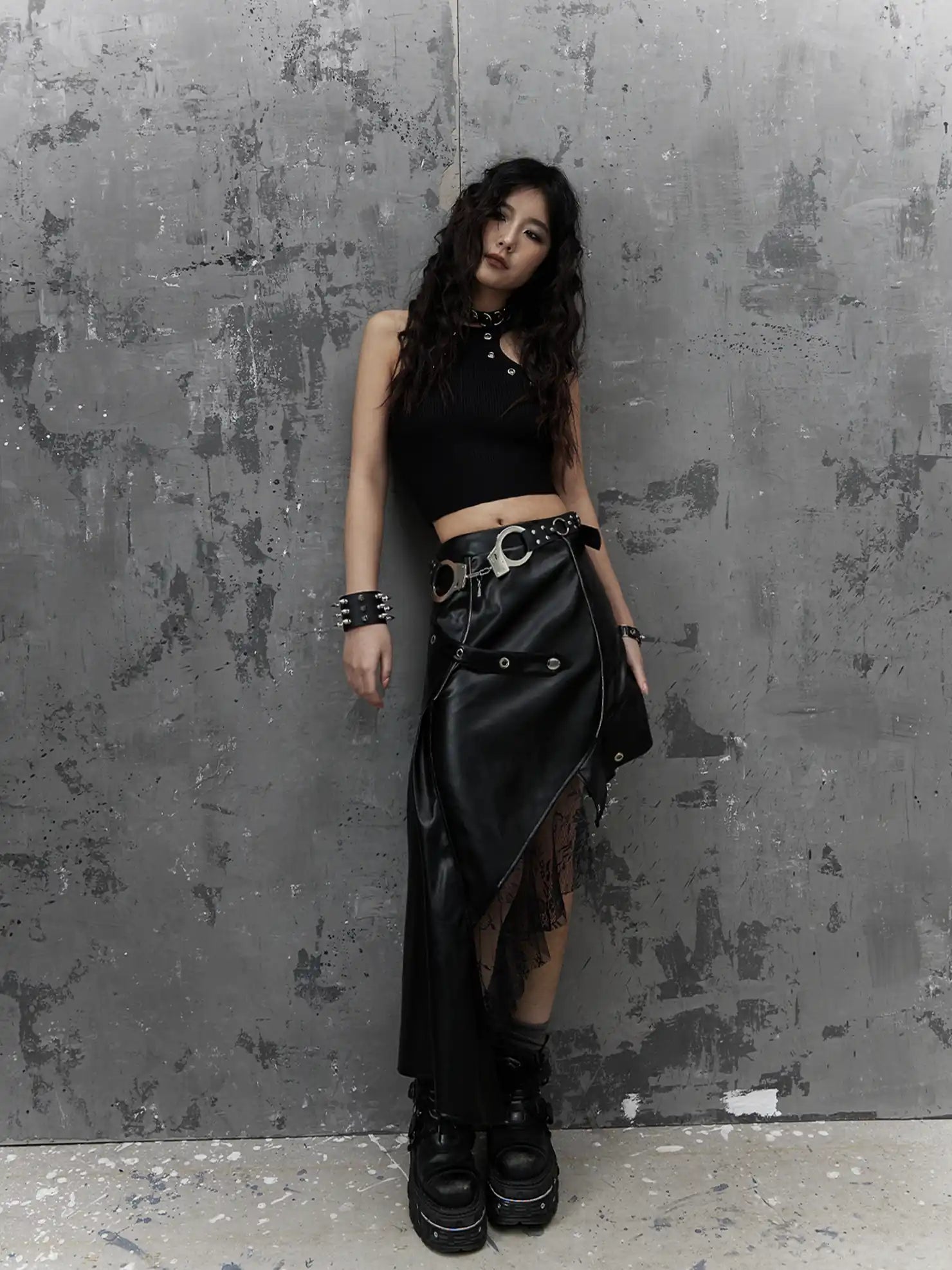 Frustration Garden Asymmetric Punk Leather Skirt With Mesh