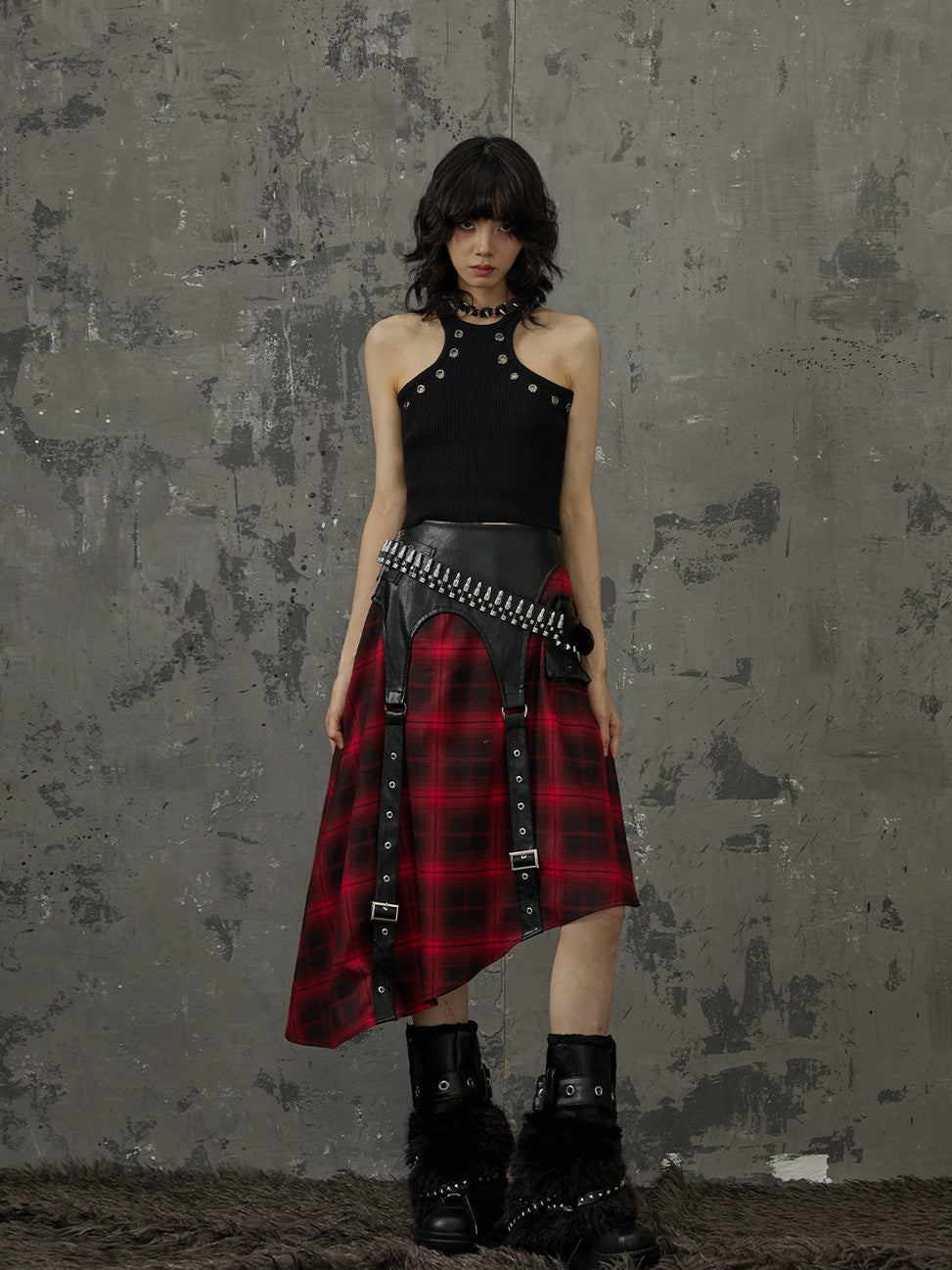 Frustration Garden Black Red Plaid Patchwork Asymmetrical Rock Women&