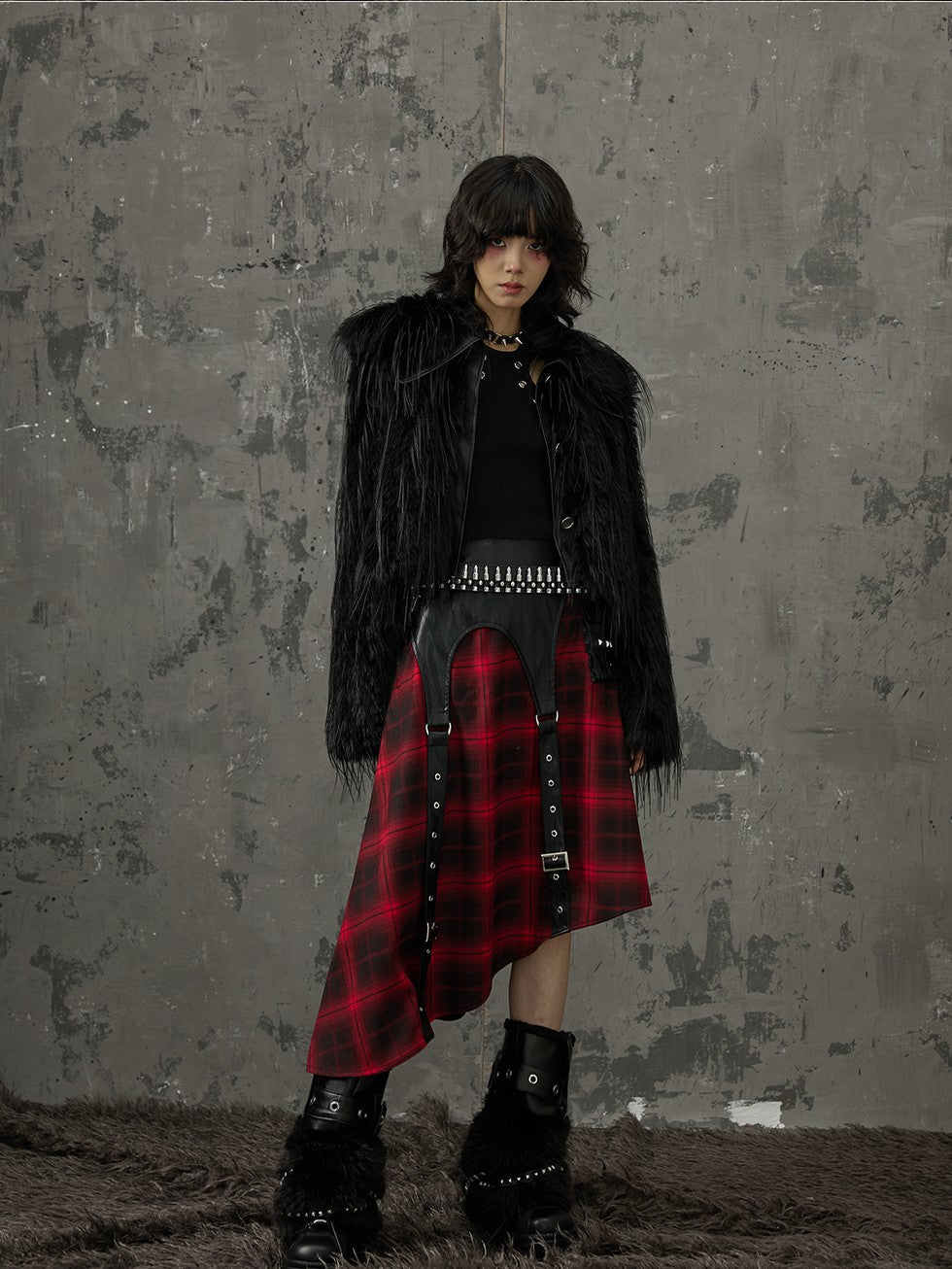 Frustration Garden Black Red Plaid Patchwork Asymmetrical Rock Women&