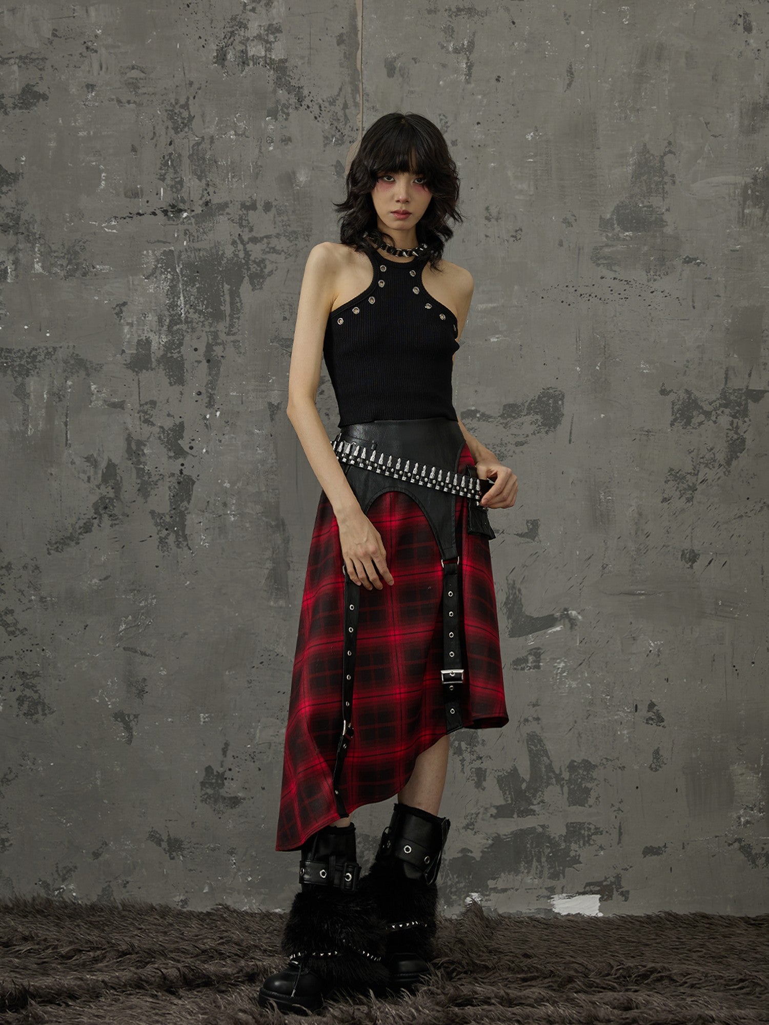 Frustration Garden Black Red Plaid Patchwork Asymmetrical Rock Women&