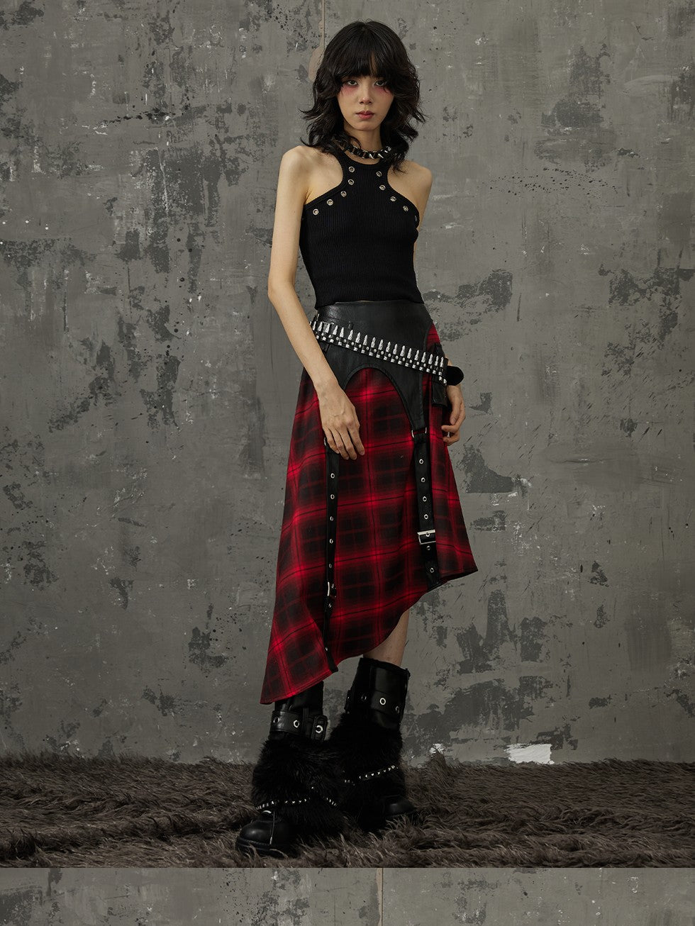Frustration Garden Black Red Plaid Patchwork Asymmetrical Rock Women&