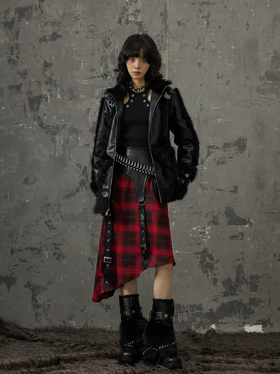 Frustration Garden Black Red Plaid Patchwork Asymmetrical Rock Women&